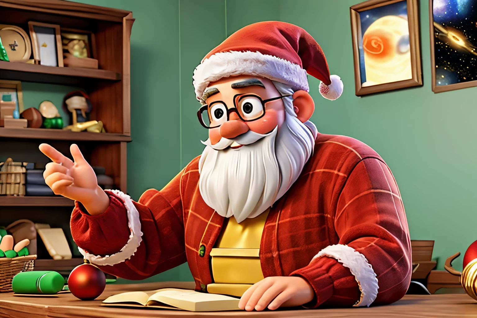 Christmas Santa Claus with white beard,many christmas gifts.Christmas photo frames, Green decoration, (((golden center space for text,Merry Christmas,))) hyper HD, 8K