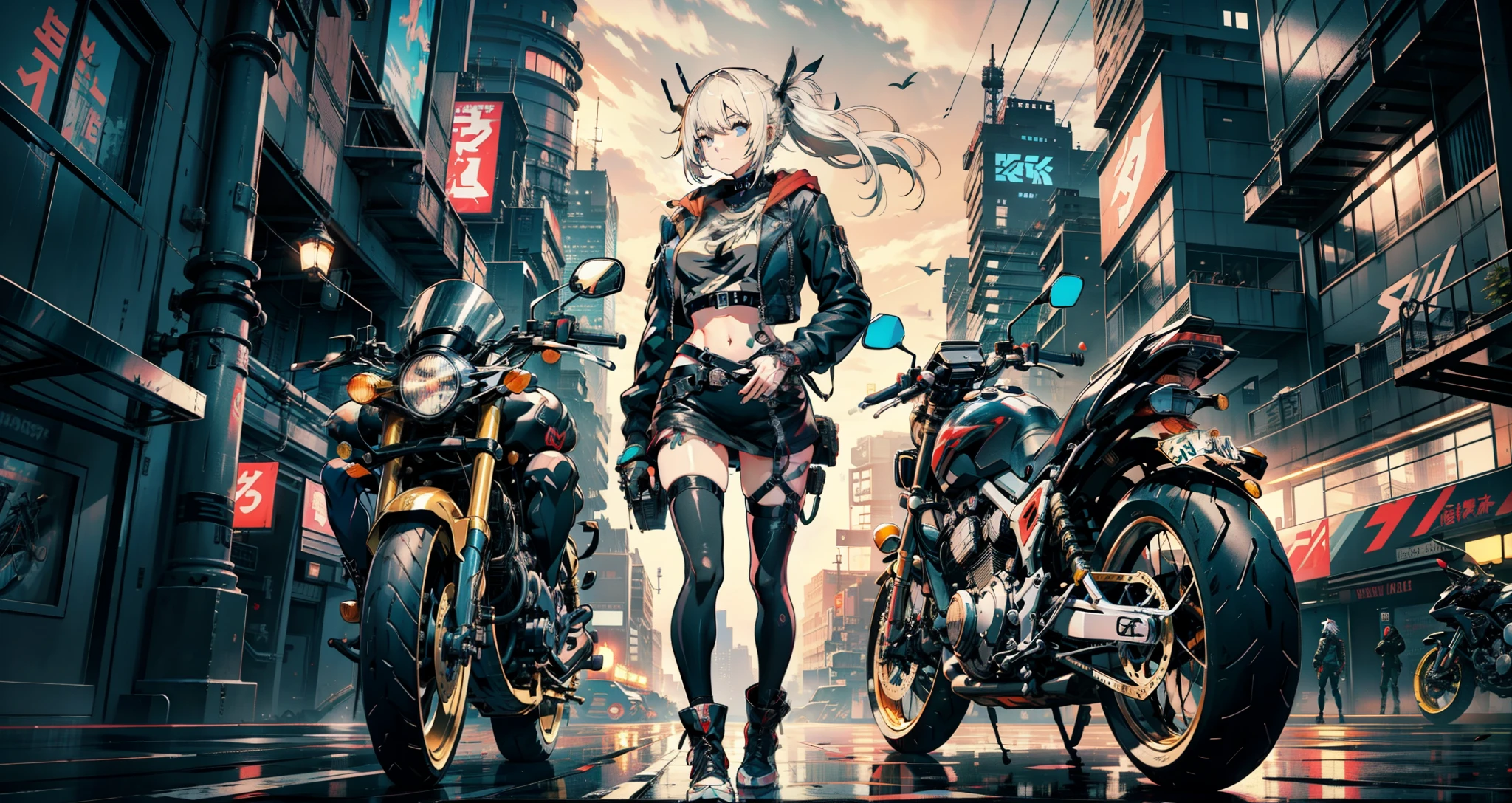 cyberpunked、girl with、mechanic、comical、Anime style、white hair、motor bikes、Rider Jacket、punk coloring、sity、ナイトsity、A woman whose body was turned into a machine、group