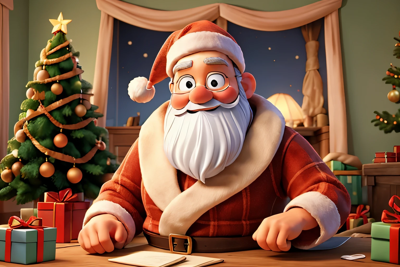(ultra-detailed,realistic:1.37) Santa Claus with a bushy white beard, holding a sack full of Christmas gifts, surrounded by a variety of beautifully wrapped presents and a Christmas photo frame. The scene is set in a room decorated with green ornaments and Christmas lights, creating a festive ambiance. The main focus of the image is on Santa Claus and the gifts, with a golden center space for text or any other message. The overall image quality is of the highest standard, capturing every intricate detail in 8K resolution. The colors are vivid, with a hint of warmth to enhance the holiday spirit. The lighting brings out the magical atmosphere of Christmas, illuminating Santa Claus and the surrounding scene. Spread the joy and happiness of the holiday season!