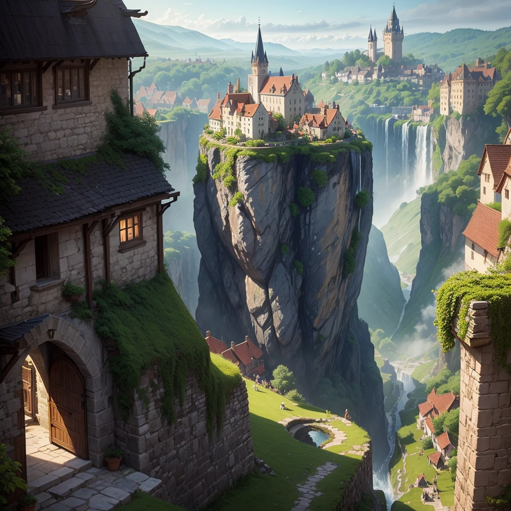 Middle age style village, worn stone streets with people, bars on the edge of a ravine with transparent water waterfall and castle and birds and dragons spitting mysterious catholic fire in the rising sun and soft fog