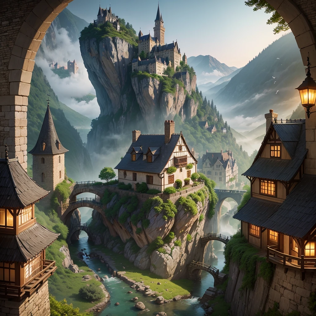 Middle age style village, worn stone streets with people, bars on the edge of a ravine with transparent water waterfall and castle and birds and dragons spitting mysterious catholic fire in the rising sun and soft fog