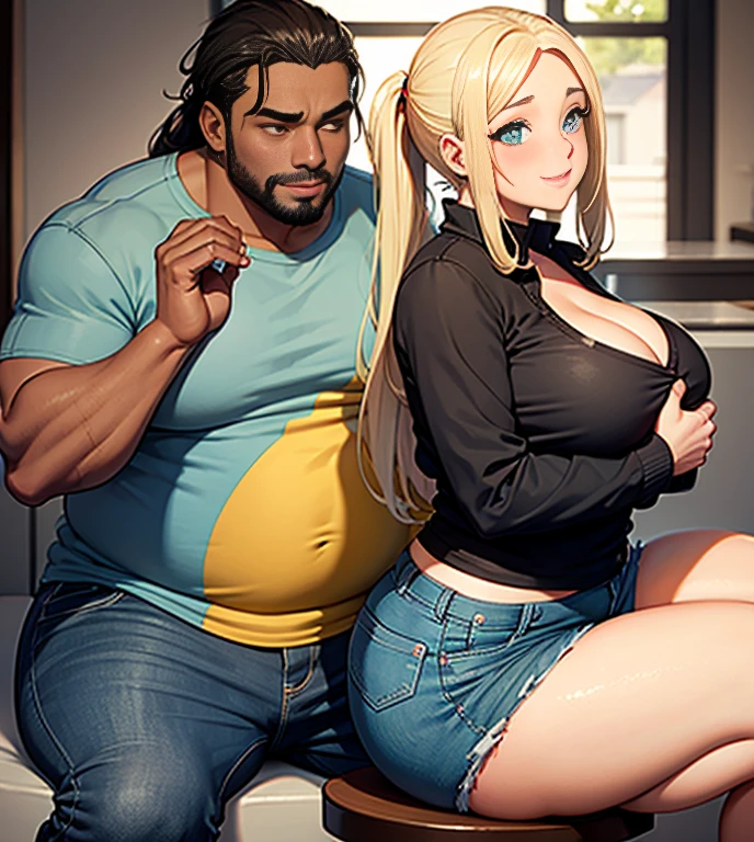 girl is curvy with thick thighs and wide holips, a big thick ass, massive ass, fat ass, one guy with dark skin, Girl is sitting on guy's lap, guy sitting down, She is wearing jean shorts, She is blushing and he is smirking, girl has blonde hair in a ponytail, his hand is on her hip, he's groping her