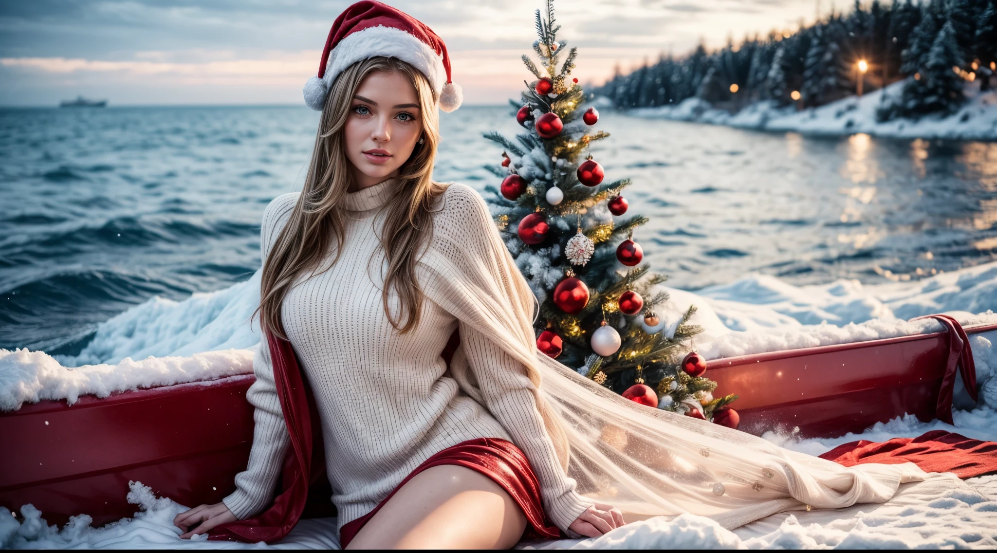 Beautiful Ukrainian woman with medium breasts, angelic face and ideal body, sinspired by the Snow Maiden, a in her early twenties, wearing a Santa hat and a red bikini with a New Year's theme, enjoying a beach setting with a festive ambiance