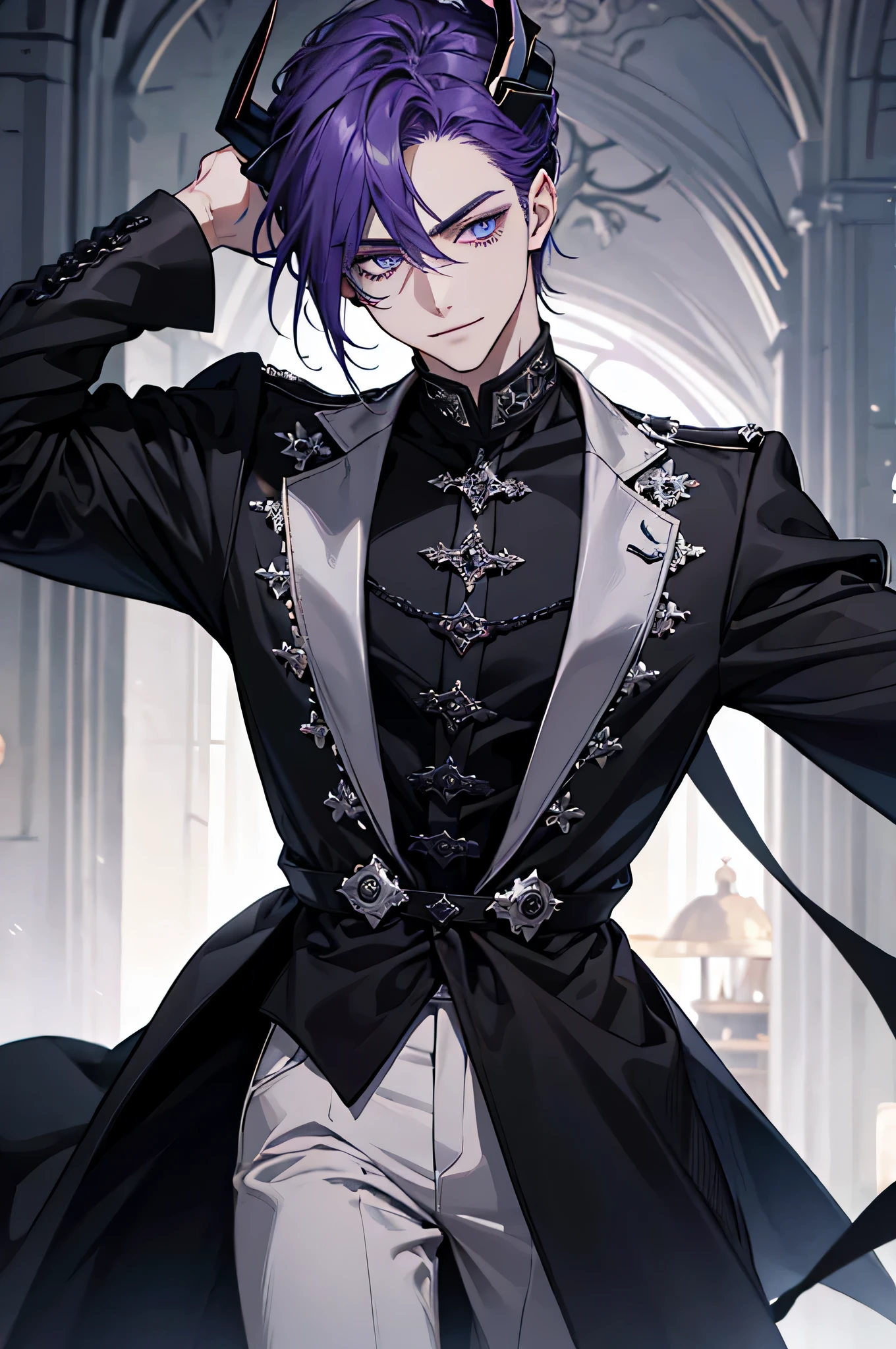 Ein eleganter ((Mann)) mit ausdrucksstarken Augen. Perfektes Gesicht, Blick auf den Betrachter. Der Mann hat sehr langes ((schwarzes Haar)), zu einem Pferdeschwanz zusammen gebunden. Der Mann hat ((violette Augen)) und lange, elfenartige Ohren. He has two demon horns on his head. He wears leather armor. Clothing for the Middle Ages, assasin, Dolch, easy smile, Detaillierter Hintergrund, Extreme Detailgenauigkeit, 4K