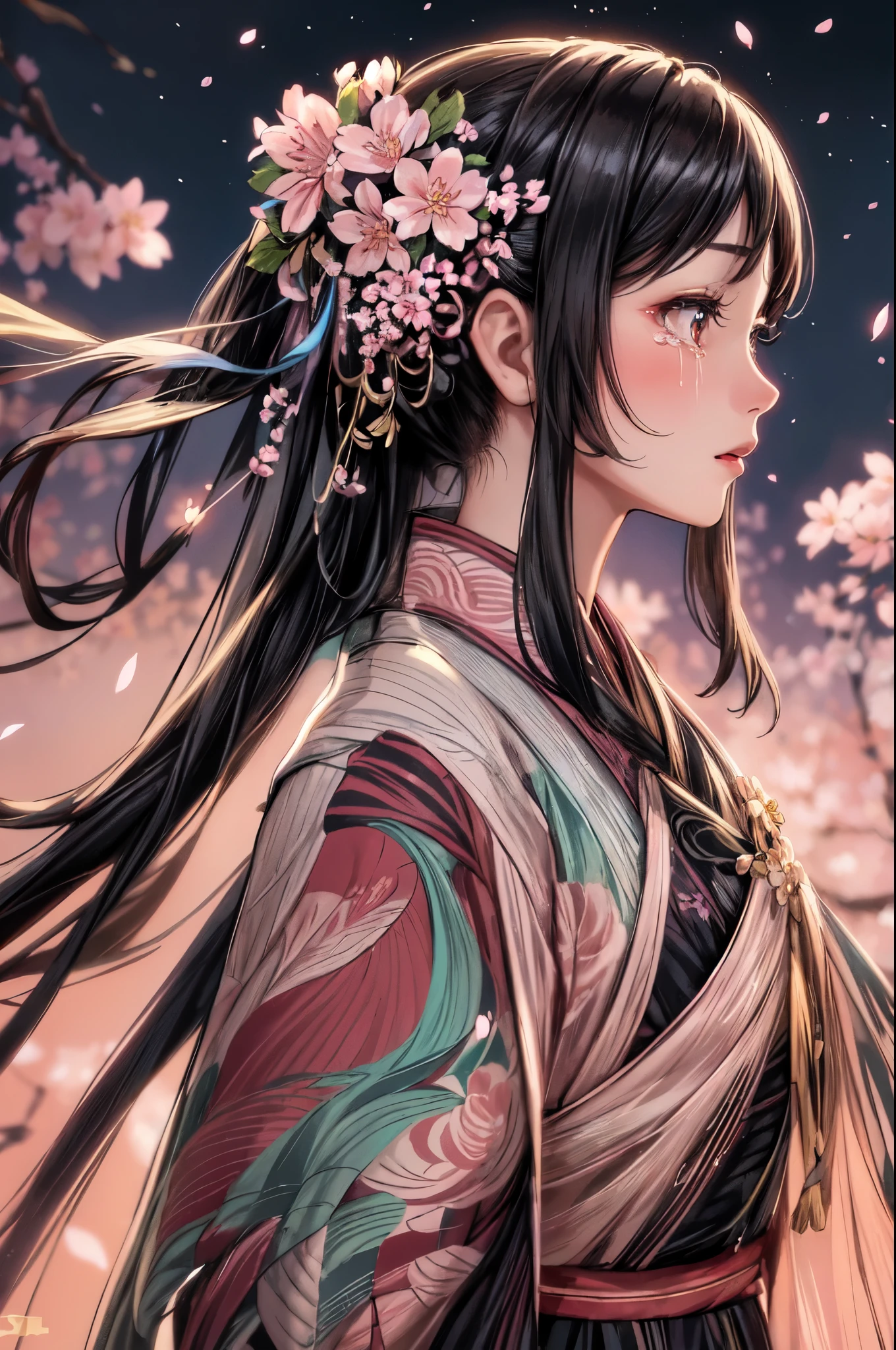 1lady solo, from side, lustrous kimono (icy colors:1.2), (flower ornament), mature female, /(black hair/), (tears:1.3), facing away, (masterpiece best quality:1.2) delicate illustration ultra-detailed BREAK outdoors, (cherry blossoms illuminated at night:1.2), (flower petals dancing down:1.2), (small moon)