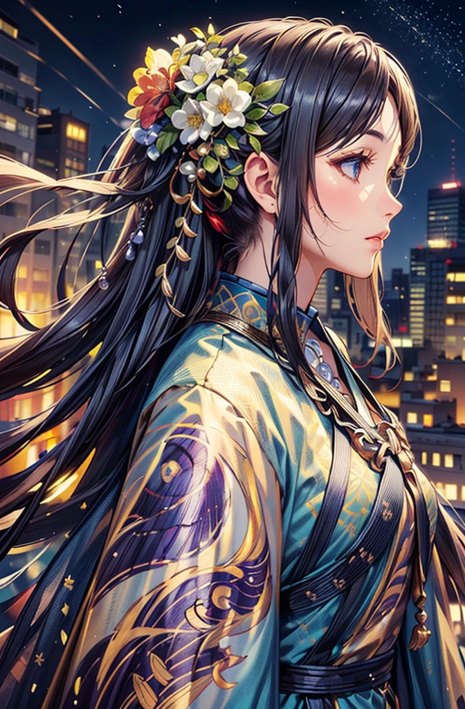 on hill top, detailed background, detailed Colorful clothing, beautifully flowing hair, dream-like atmosphere, (best quality, masterpiece, Representative work, official art, Professional, unity 8k wallpaper:1.3)