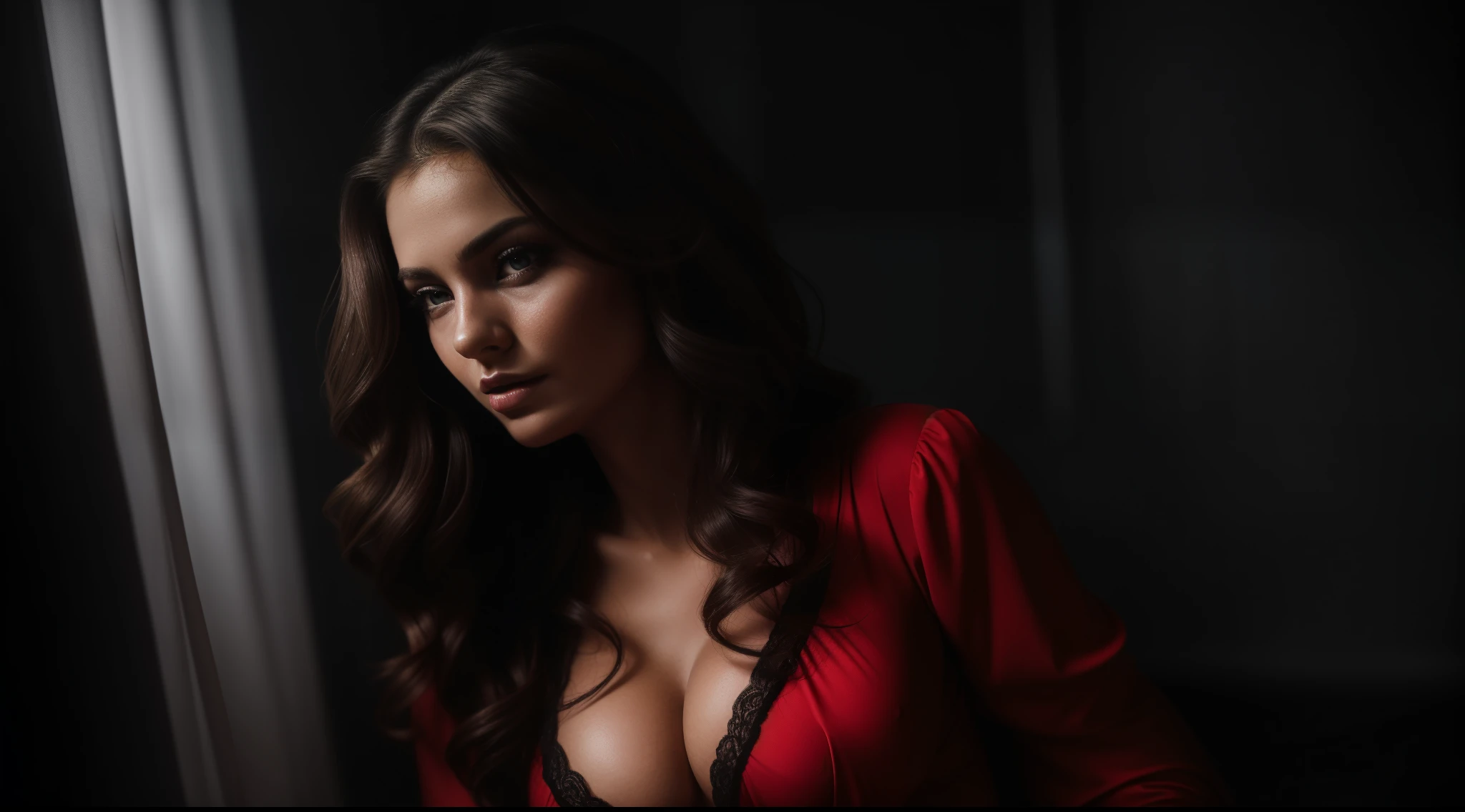 (a detailed portrait of a woman in a dark room,[Raiana-Elizabeth-Dilla],(whole-body-view),half-dressed,extremely detailed and realistic (red) clothes,loose wavy hair,heavy makeup on her eyes and lips,a seductive expression on her face,a sensual pose,soft lighting,moody atmosphere,shadowy background)(best quality,high-res,ultra-detailed,provocative and mysterious,portrait,photography,monochrome)