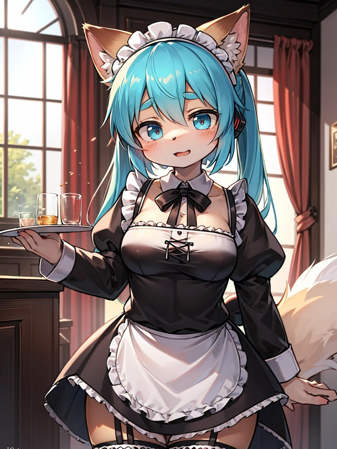 Masterpiece, Rem from ReZero, Blue-haired girl, on a bed, cleavage, hair covering left eye, cat ears, maid suit, white pantyhose, big breasts, thin legs, ahegao, short, two-dimensional hair, collar, sweaty