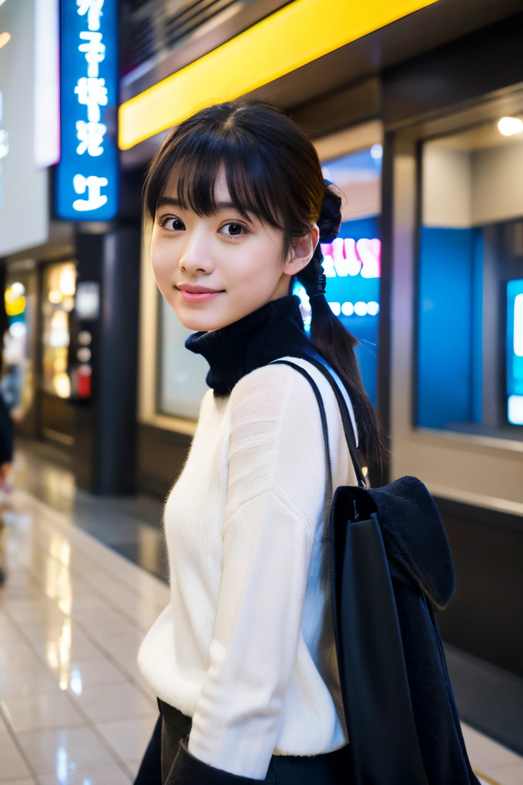 Nikon RAW Photos、8 k、Fujifilm XT3、masterpiece、top-quality、realisitic、Photorealsitic、ultra-detailliert、1girl、独奏、closeup portrait、Black hair twintails、dual、cute expression、20yr old、female college student、Aeon mall、Taking a selfie、masks、White turtleneck knit、Blue Jumper、Black miniskirt、Black boots、Absolute Area