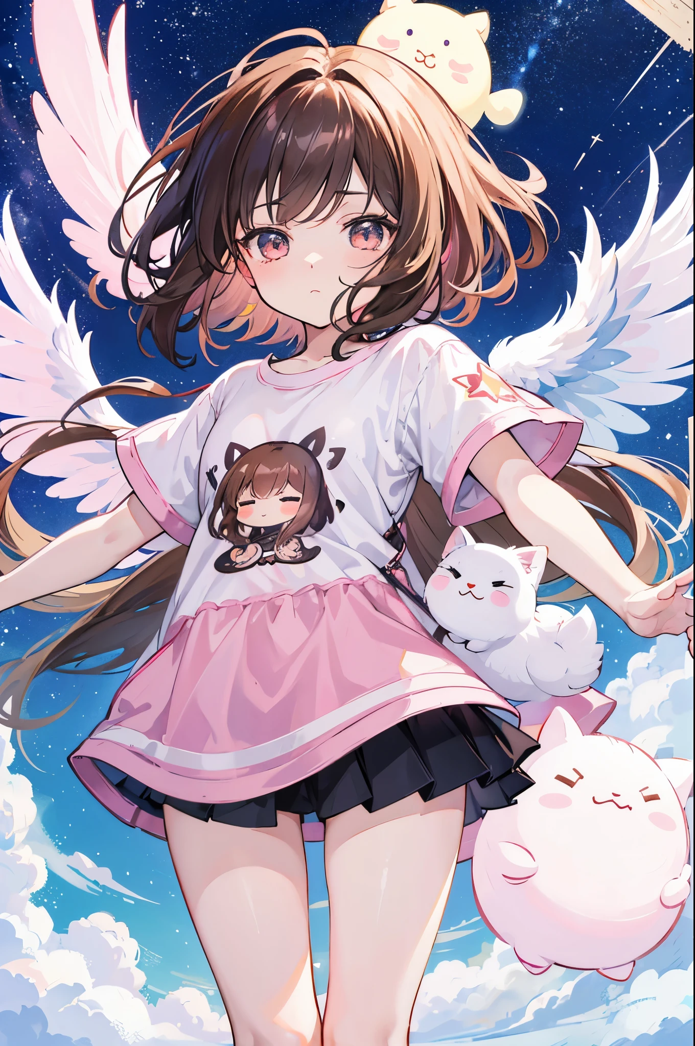 （（a sticker：1.5）））， （（chibi character））， （white backgrounid）， fluffly， Kizi，flying by wings，Holding the stars， brown hair， pastel-colored hairytale-like， pink T-shirt design， tmasterpiece， best qualityer， 16k