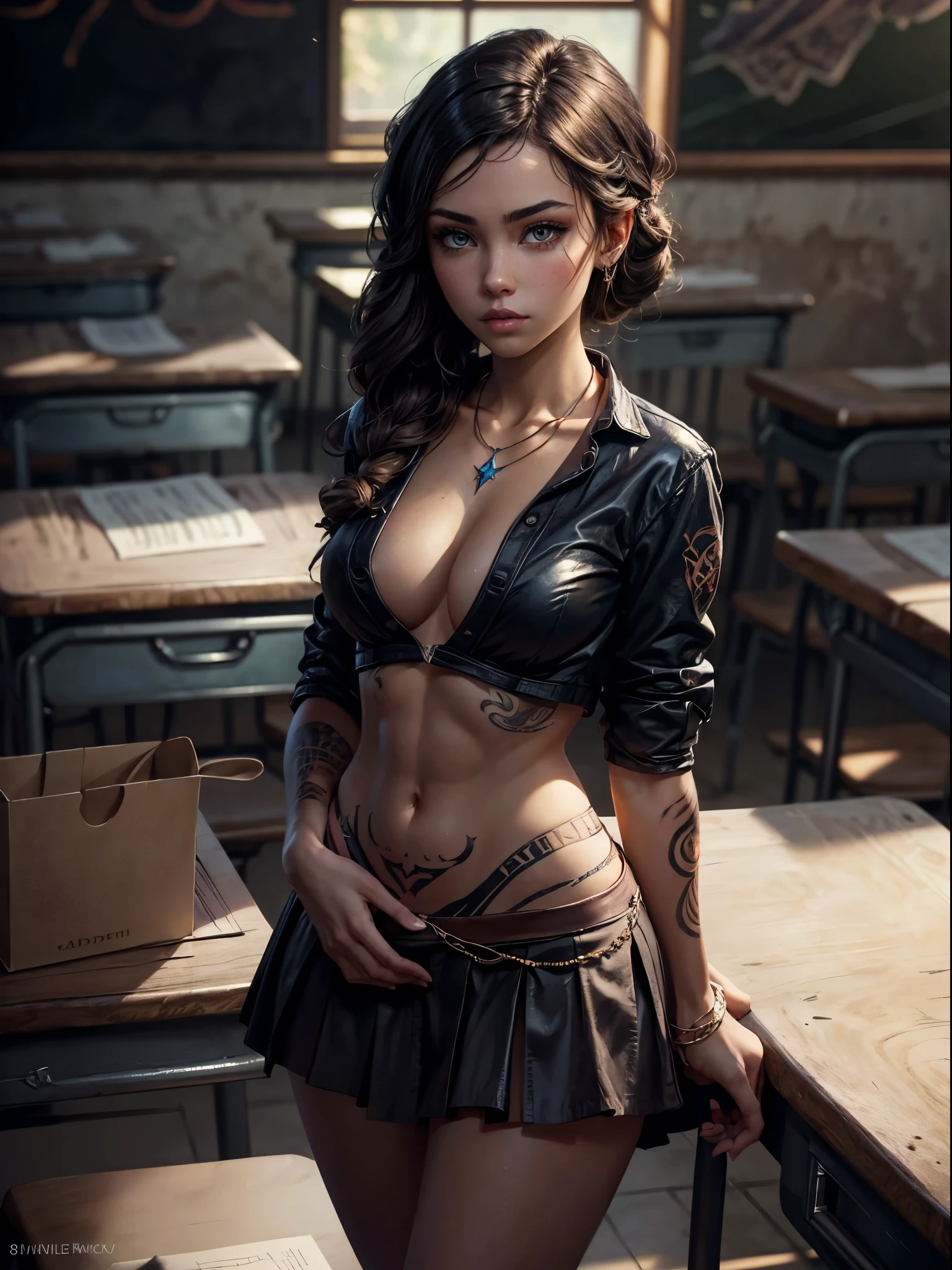 legs, spread, spread legs, panties, cameltoe, gorgeous Madison Beer as as a 20 years old woman, abs, wide hips, ((high school uniform, tattoos, unbuttoned shirt, , tattoos, plunging neckline, necklace, short skirt)),(masterpiece),, detailed classroom in background, (masterpiece), pout, pouting, duckface, full lipull body, full entire body), dark skin, jewelry, fantasy art, smooth face, sharp focus on eyes, 8 k, high definition, insanely detailed, intricate, elegant,cinematic, cinematic lighting, masterpiece, 8k, very cute, princess eyelack eyes), Centered image, stylized, bioluminescence, 8 life size,8k human hands, wonder full, elegant, approaching perfection, dynamic, highly detailed, character sheet, concept art, smooth, , stunningly beautiful teenage girl, detailed hairstyle, impressionist oil painting, princess eyes