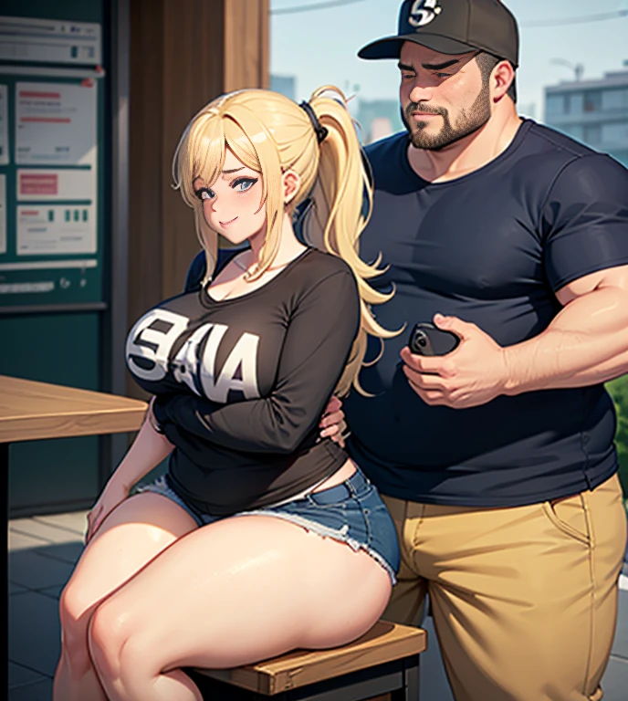 girl is curvy with thick thighs and wide hips, a big thick ass, massive ass, fat ass, one guy, Girl is sitting on guy's lap, guy sitting down, She is wearing jean shorts, She is blushing and he is smirking, girl has blonde hair in a ponytail, his hand is on her hip, he's groping her