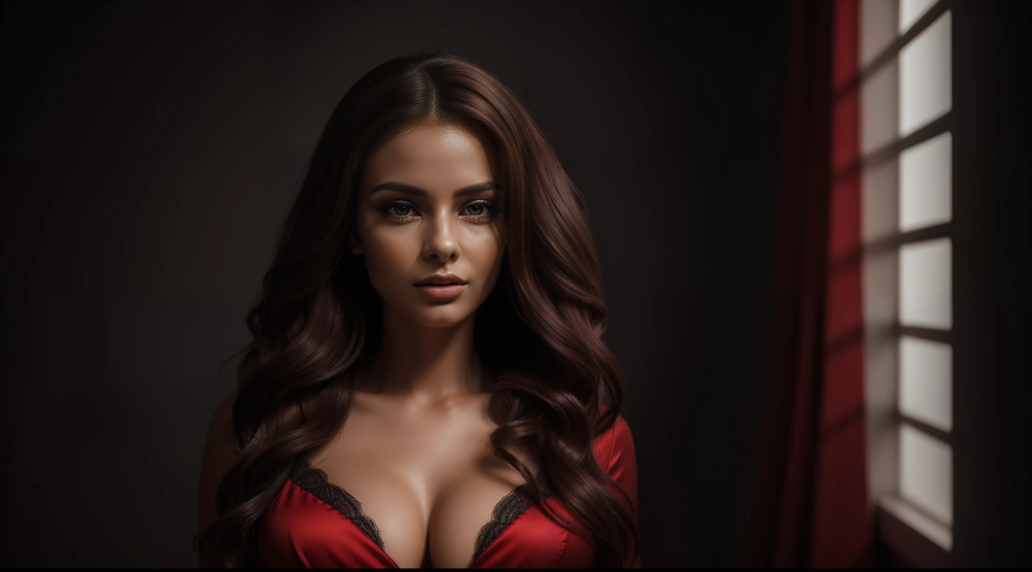 (a detailed portrait of a woman in a dark room,[Raiana-Elizabeth-Dilla],(whole-body-view),half-dressed,extremely detailed and realistic (red) clothes,loose wavy hair,heavy makeup on her eyes and lips,a seductive expression on her face,a sensual pose,soft lighting,moody atmosphere,shadowy background)(best quality,4k,8k,highres,masterpiece:1.2,ultra-detailed,realistic,photorealistic,photo-realistic:1.37,provocative and mysterious,portrait,photography,monochrome)