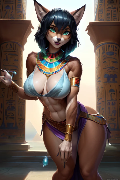 ((4k, high resolution, best quality, masterpiece, perfect colors, perfect shadows, beautiful and detailed portrait of a (((feminine))), perfect lighting, furry, anthro, furry art, ((portrait)), Beautiful light green eyes, curvy fit body, perfect curvy femenine body, furry body, coyote skin colors, short anthro ears, furry face, ((Bonifasko lighting)), perfect light electric green pupils, Tall, short gothic haircut, black hair color whit purple and blue sparkles whitout green color, messy hair, Wide hips, B cup breasts, wearing clothes, Arms white female, mammal, coyote girl, (((ancient egypt clothes)), (((light brown clothes color))), mini Dress, ((sensual body:1.2)), ((light abs:1.2)), ((curvy muscles:1.2)), (((eyes look to viewer))), ((waterdrop shape breasts)))), ((masterpiece)), female face detail on fur, ((Leaning forward)), Eternal, (cow boy shooting, actual, realistically), (tmasterpiece, Best quality, high high quality), (Colorful), volumettic light, ray traycing, extremely detailed CG unified 8k wallpapers, Indoors