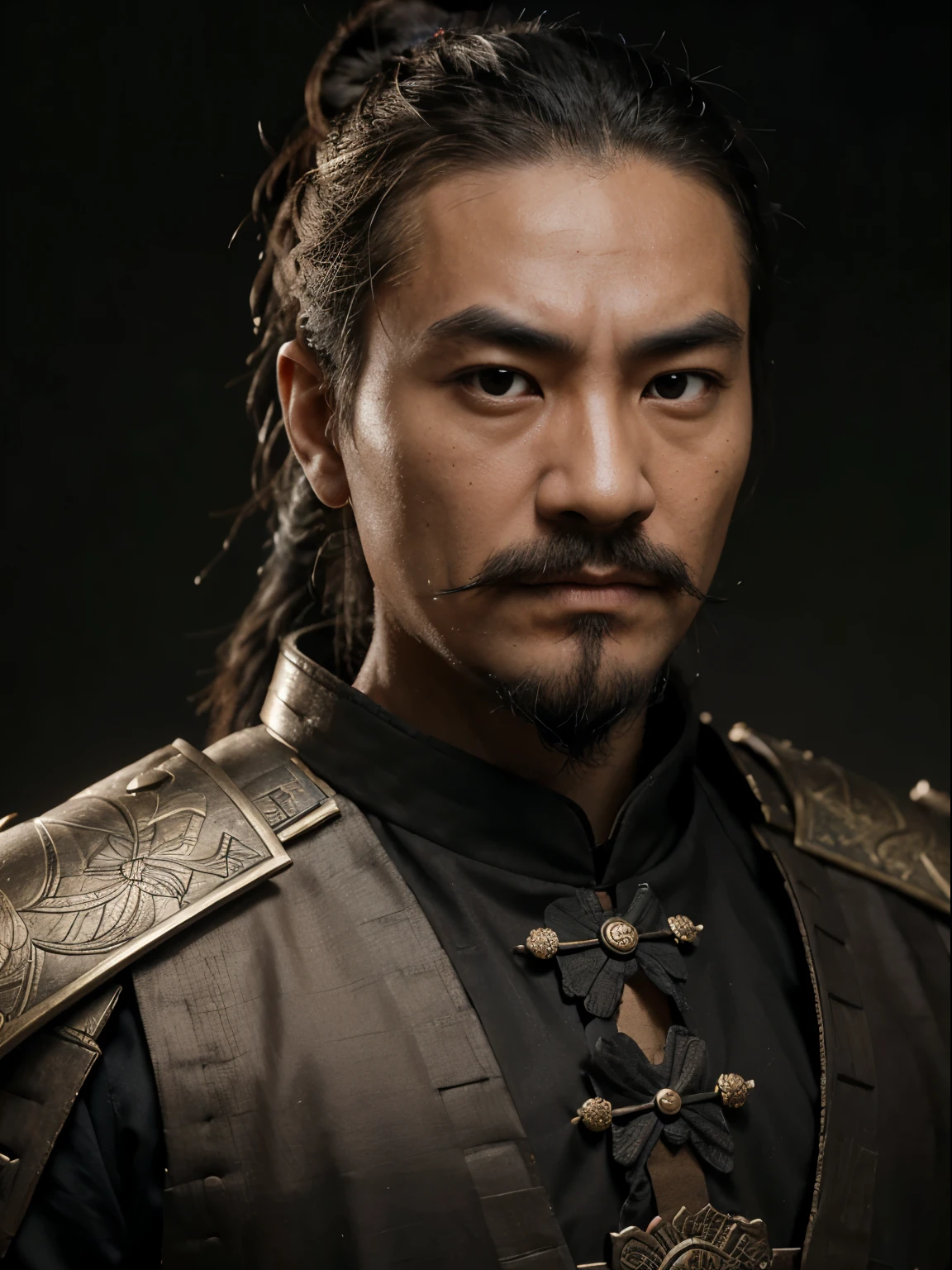 close up portrait of sun tzu, dark background, wearing a traditional armor, extremely detailed face, his hair in a top bun, serious face expression, 8k, best quality, masterpiece, epic, long moustache and goatee chinese style