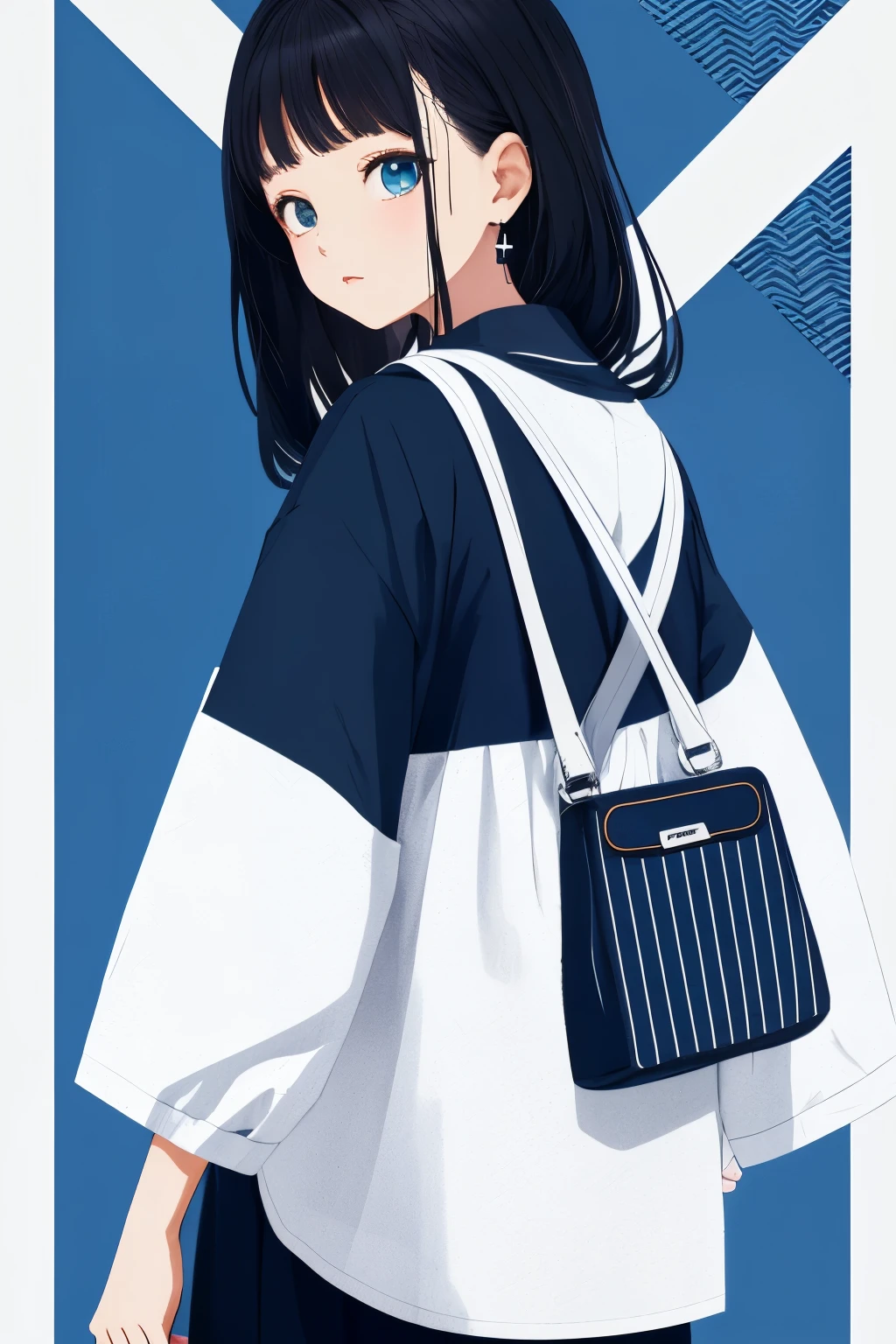 Geometric pattern background:1.3、dark color、cute girl hair、Looking away、white baggyTThe shirt、プリントThe shirt、loose-fitting clothes、Retro、top-quality、ultra-detailliert、High quality detailing、Blue