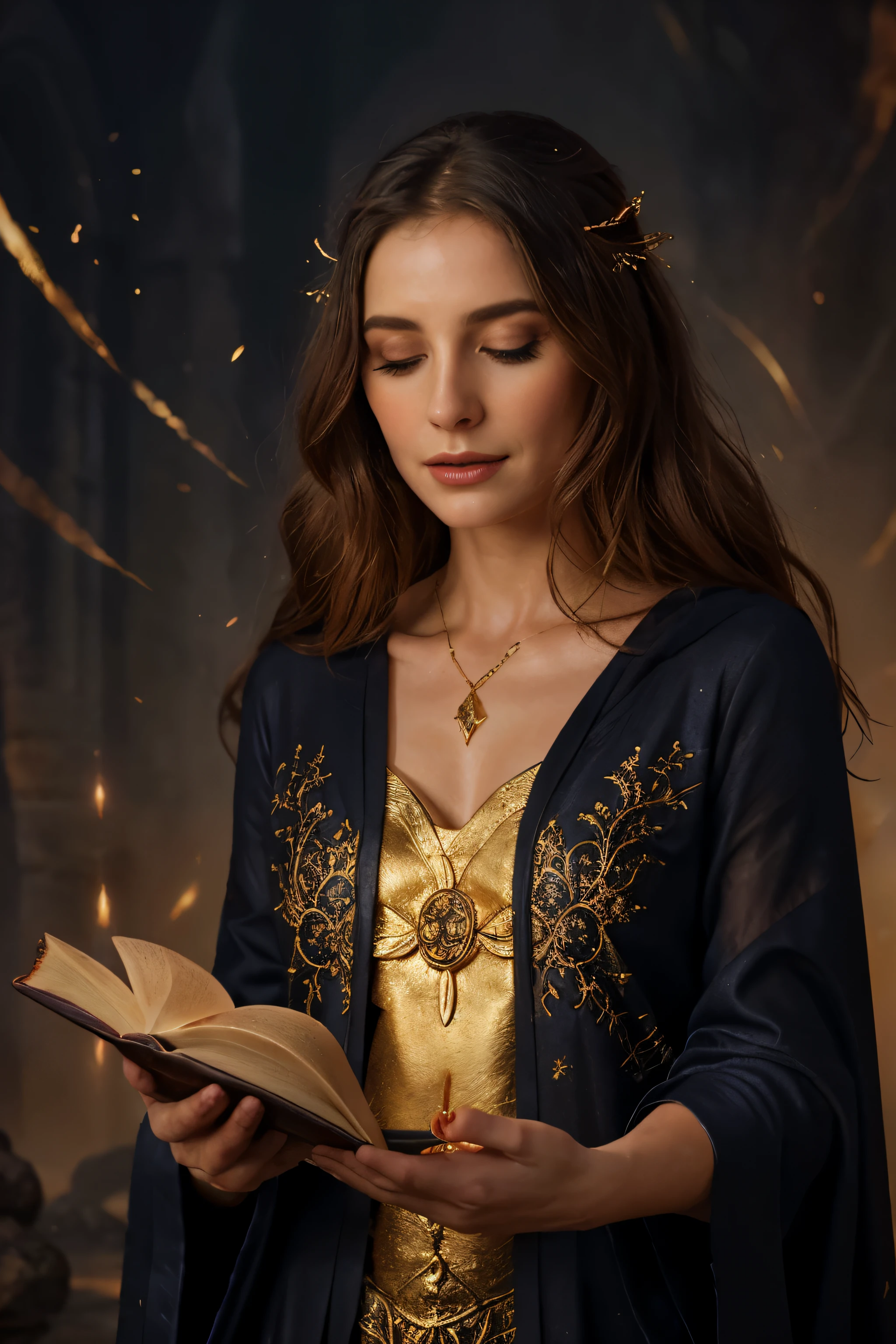 In a fascinatingly bright gouache painting, the artfully crafted scene depicts a mesmerizing spell of zealous magic. Against a background of unearthly shades, mage, dressed in luxurious clothes, fervently repeats ancient words. The image exudes a palpable aura of strength and devotion., with spell books, decorated with golden symbols and finely scattered shimmering crystals.. Each brush stroke flawlessly conveys the intensity of the spell.., immersing the viewer in the ardent passion and indomitable energy of the sorcerer.