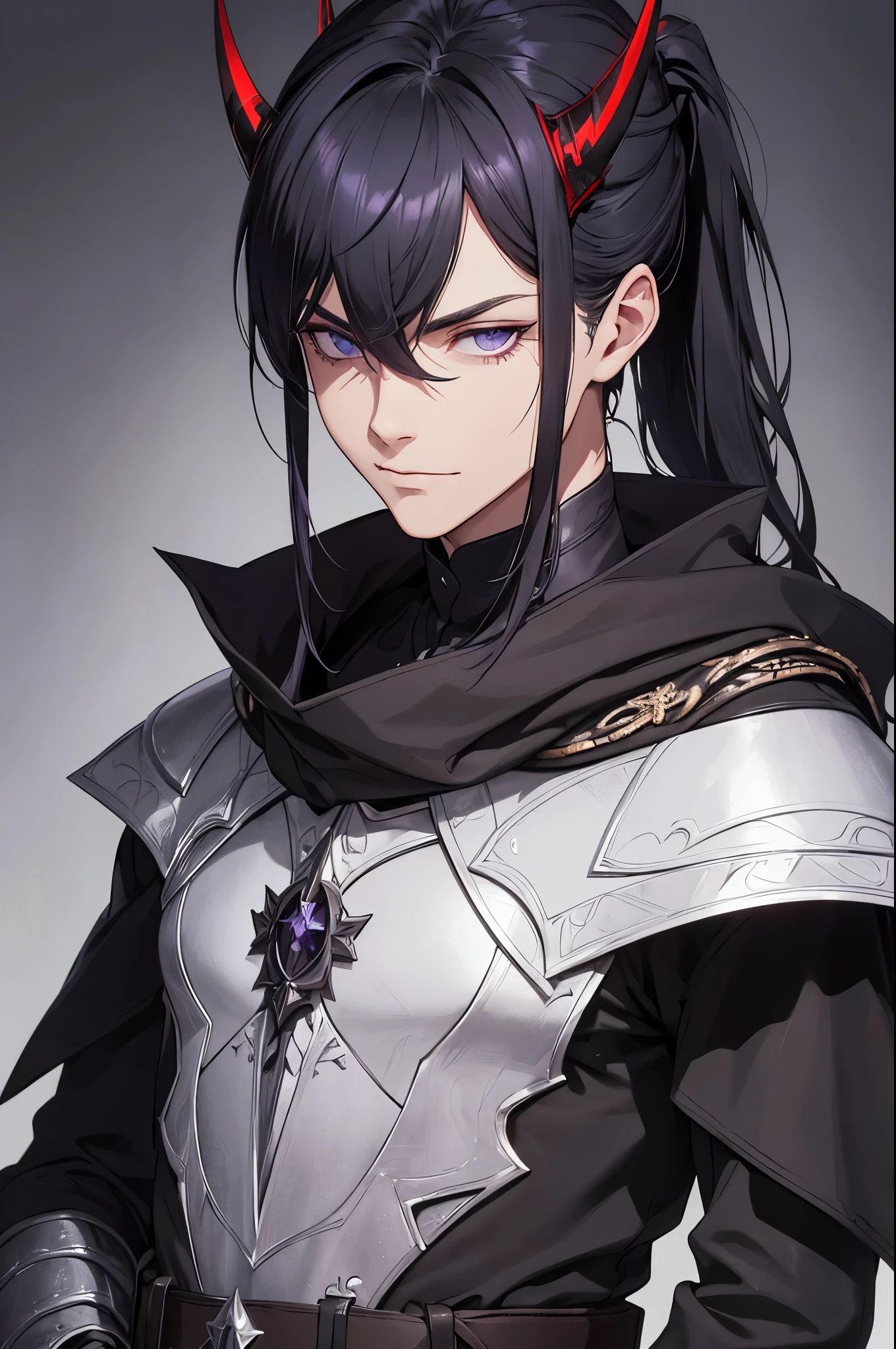 Ein eleganter ((Mann)) mit ausdrucksstarken Augen. Perfektes Gesicht, Blick auf den Betrachter. Der Mann hat ((sehr langes schwarzes Haar)), zu einem (ponytail) zusammen gebunden. Der Mann hat ((violette Augen)) und lange, elfenartige Ohren. He has two demon horns on his head. He wears leather armor. Clothing for the Middle Ages, assasin, Dolch, easy smile, Detaillierter Hintergrund, Extreme Detailgenauigkeit, 4K