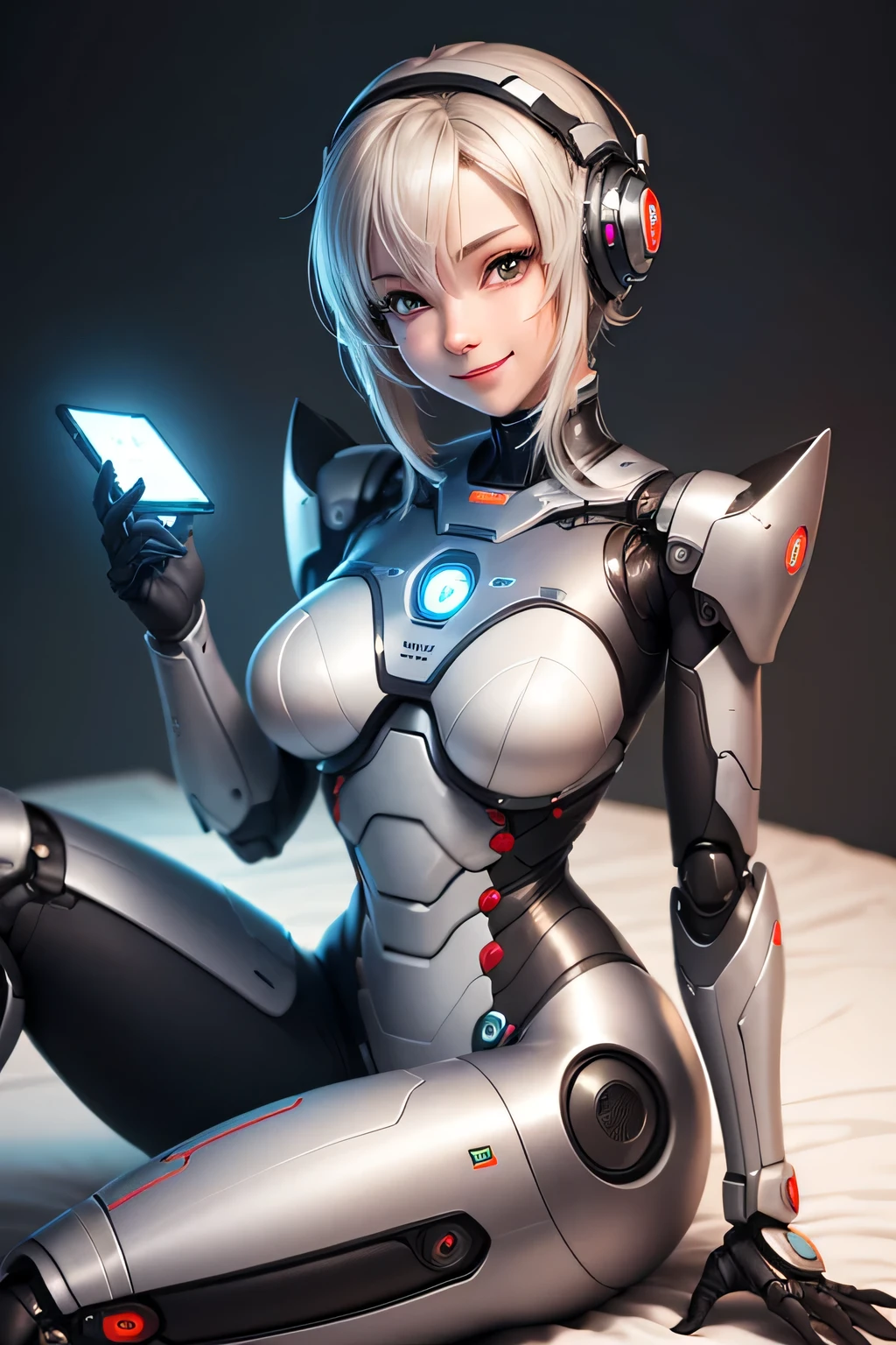 Female robot sitting on bed and smiling, nffsw, retinas, masutepiece, ccurate, Anatomically correct, Textured skin, Super Detail, high details, High quality, awardwinning, Best Quality, hight resolution