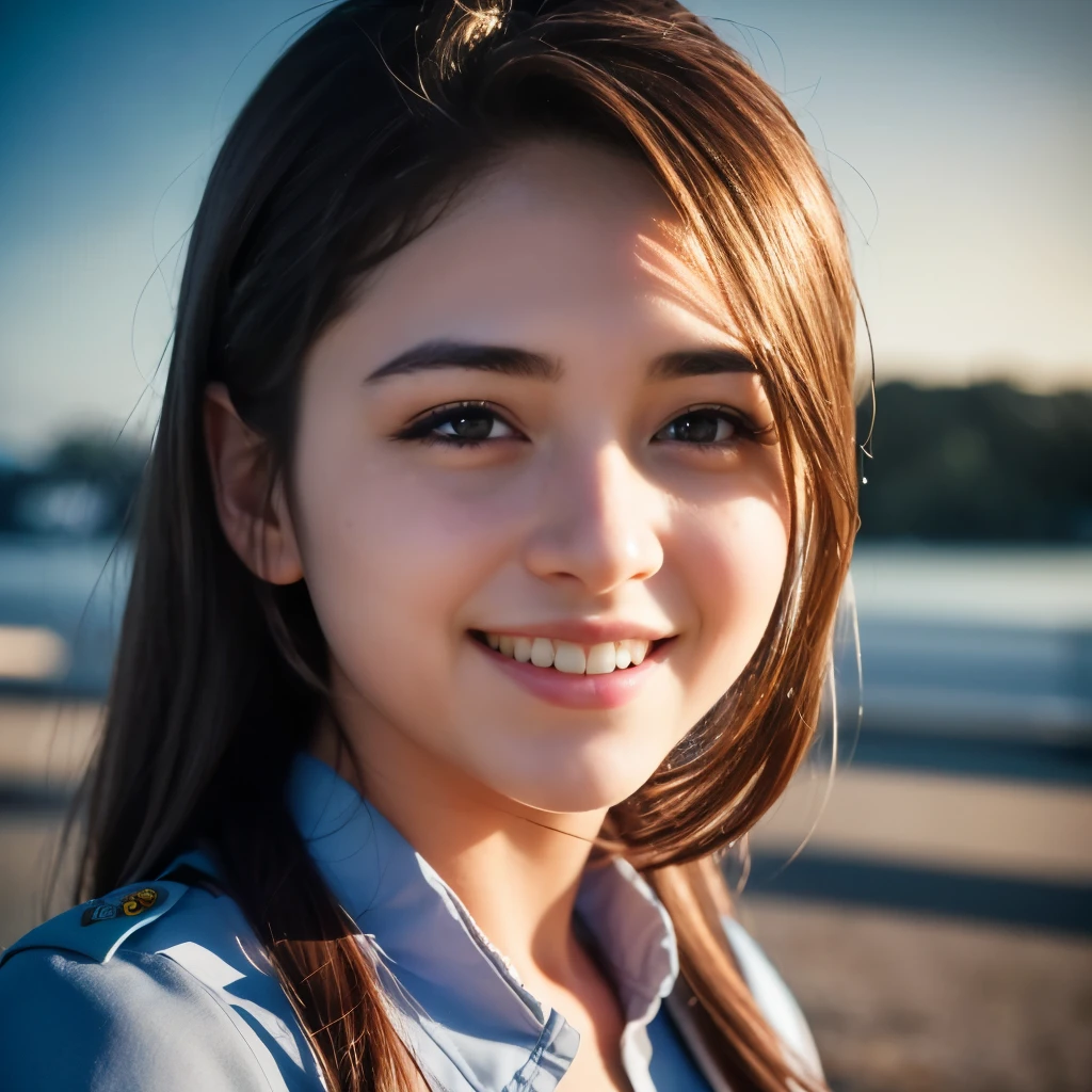one teenage cute girl in uniform, (masterpiece, best quality:1.2), ultra high res, (photorealistic:1.4), detailed skin, cinematic lighting, friendly, intelligent, conversation engaging, happy, kind, energetic, cheerful, creative, with sparkling eyes and a contagious smile