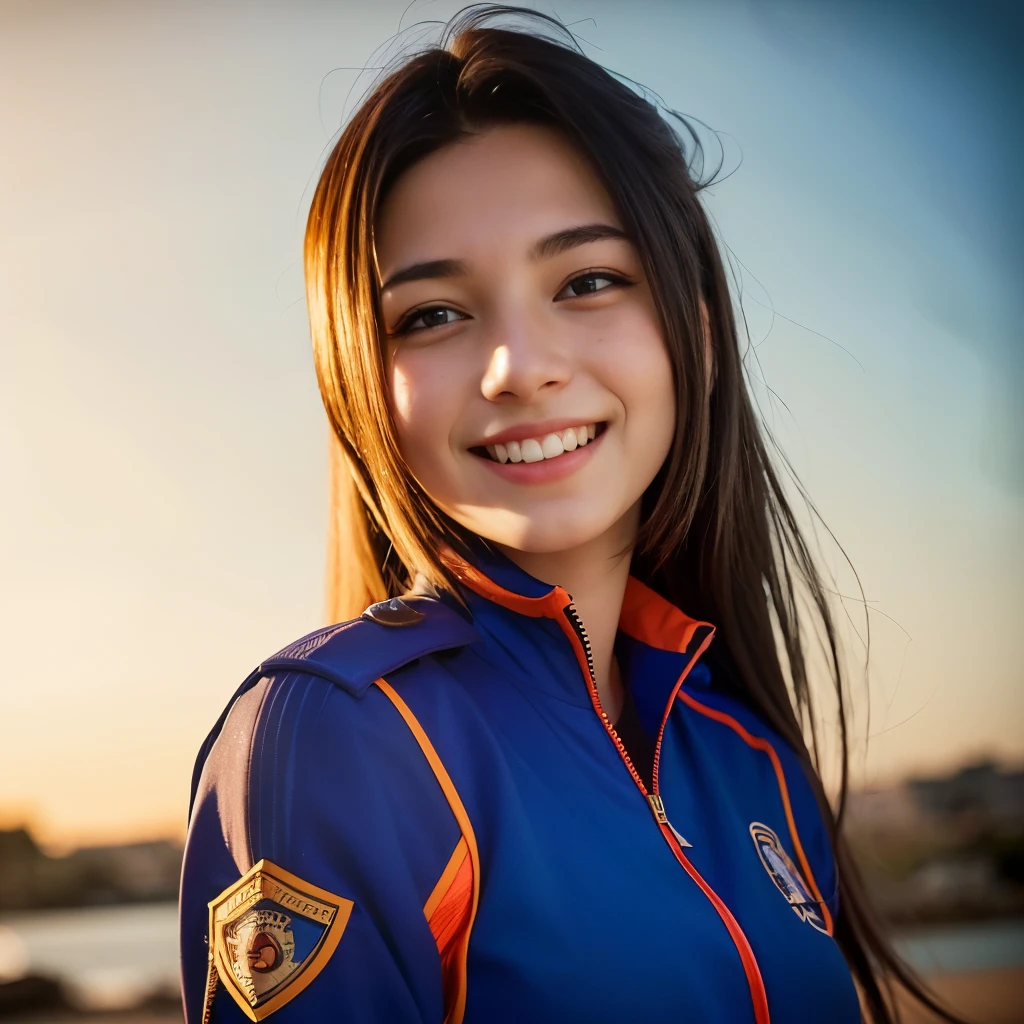 one teenage cute girl in uniform, (masterpiece, best quality:1.2), ultra high res, (photorealistic:1.4), detailed skin, cinematic lighting, friendly, intelligent, conversation engaging, happy, kind, energetic, cheerful, creative, with sparkling eyes and a contagious smile