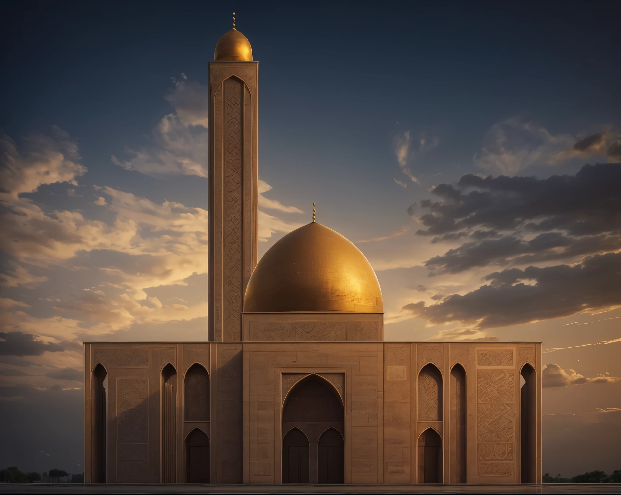 photorealistic,mosque with round arches, islamic arches,,high detailed,128k,golden Travertine stone facade, extreme details, hd details,insane deailed octane render,award winning,master peice,