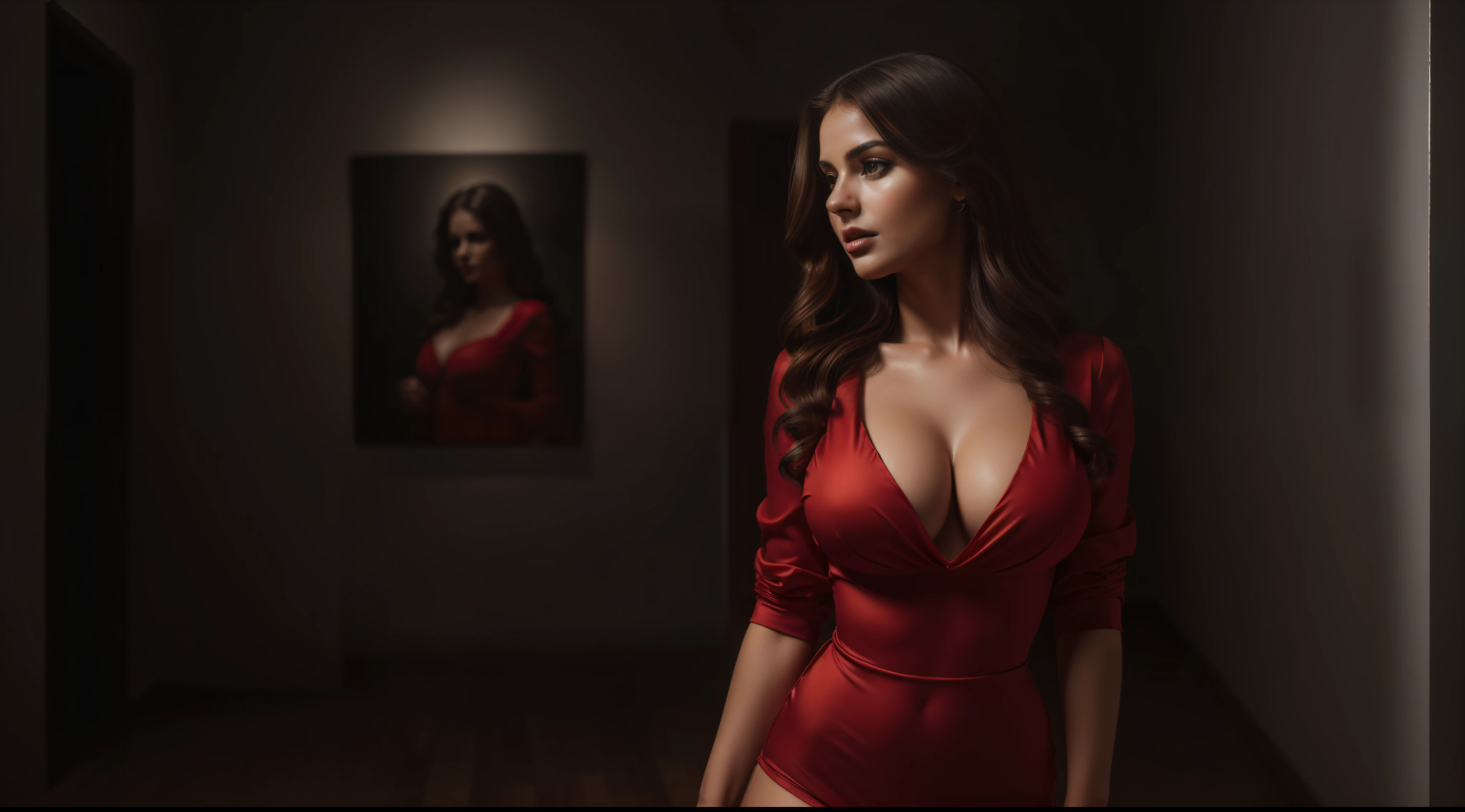 (a detailed portrait of a woman in a dark room,[Raiana-Elizabeth-Dilla],(full-body-view:1.37),half-dressed,extremely detailed and realistic (red clothes:1.37),loose wavy hair,heavy makeup on her eyes and lips,a seductive expression on her face,a sensual pose,soft lighting,moody atmosphere,shadowy background)(best quality,4k,8k,highres,masterpiece:1.2,ultra-detailed,realistic,photorealistic,photo-realistic:1.37,provocative and mysterious,portrait,photography,monochrome)