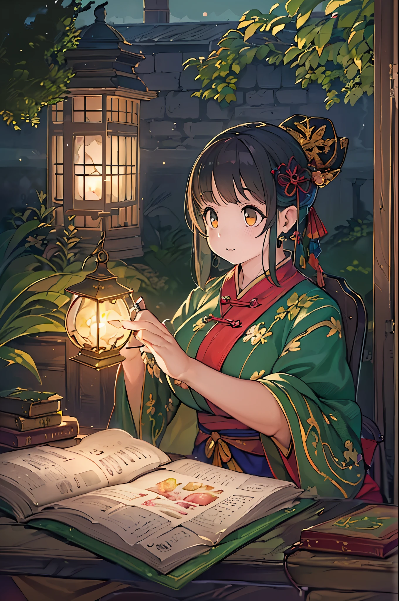 Photo of beautiful girl in traditional chinese dress looking at ancient chinese books under lamp on low table in old walled garden at peaceful night,((he has a pen in his right hand.、Place your left hand on the table)),((masutepiece)),4K,,((Beautiful big eyes))、huge-breasted