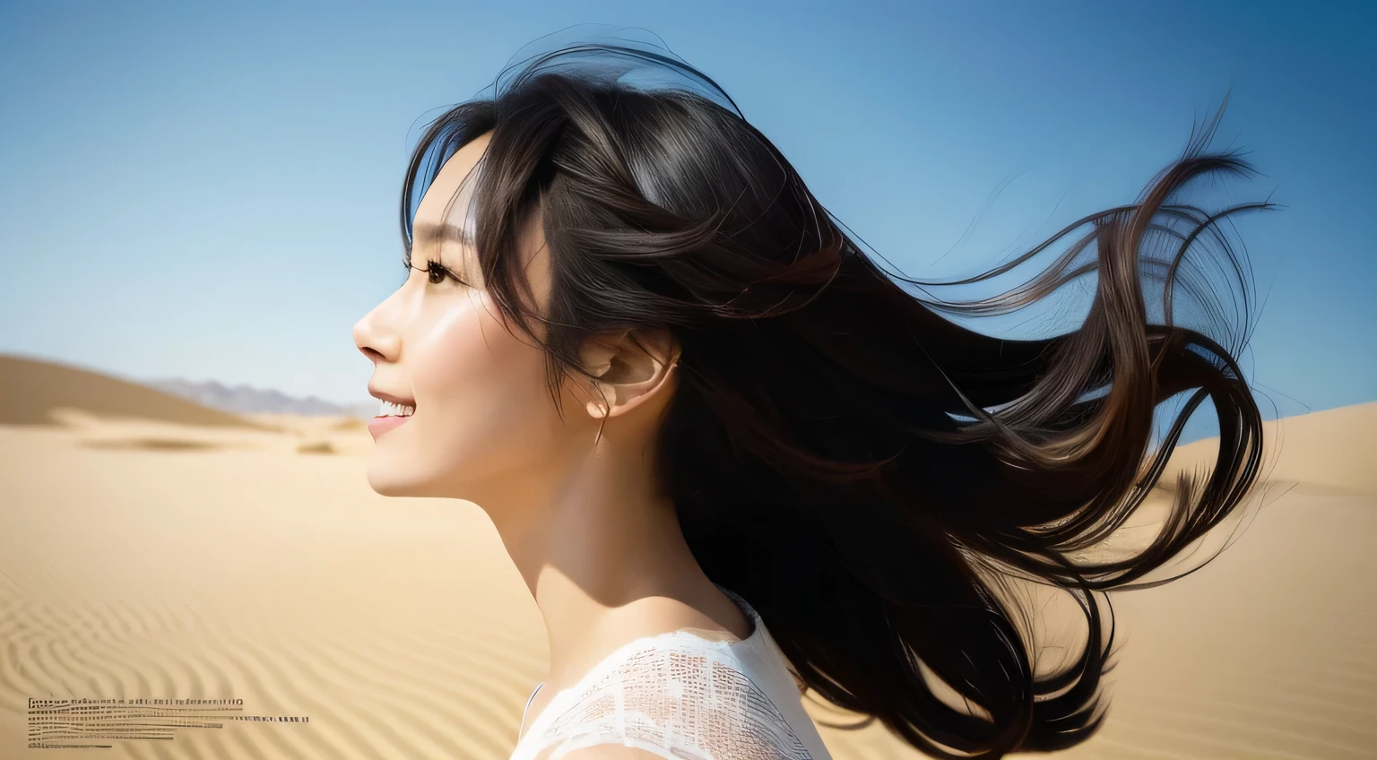 Asian beauty with flying hair，foreground，The expression is very happy，Wear fashionable clothes，contours，acid，The background is a desert scene。Generate movie poster texture poster，desert ambient light， real photograph，Photographic photo，Authentic texture