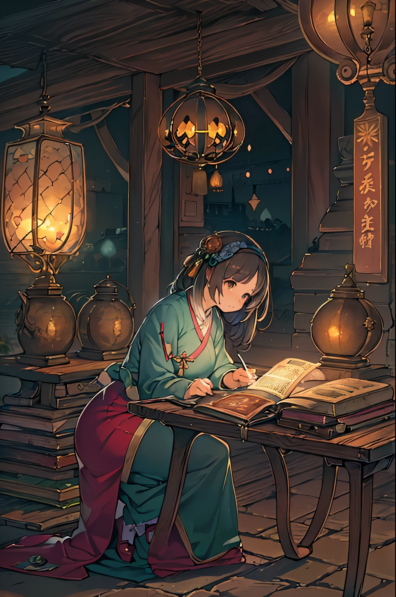 Photo of beautiful girl in traditional chinese dress looking at ancient chinese books under lamp on low table in old walled garden at peaceful night,((he has a pen in his right hand.、Place your left hand on the table)),((masutepiece)),4K,,((Beautiful big eyes))、huge-breasted
