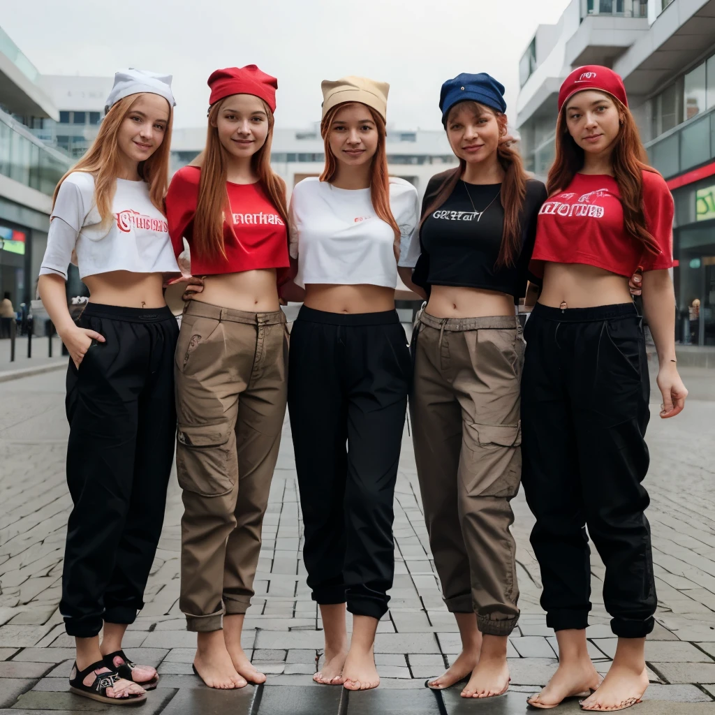 ray tracing, the girl standing middle of the street, crowd, night, illuminated signs, girl wearing black cap, black tights, black medium crop, looking down, legs slightly apart, full body, long leg,