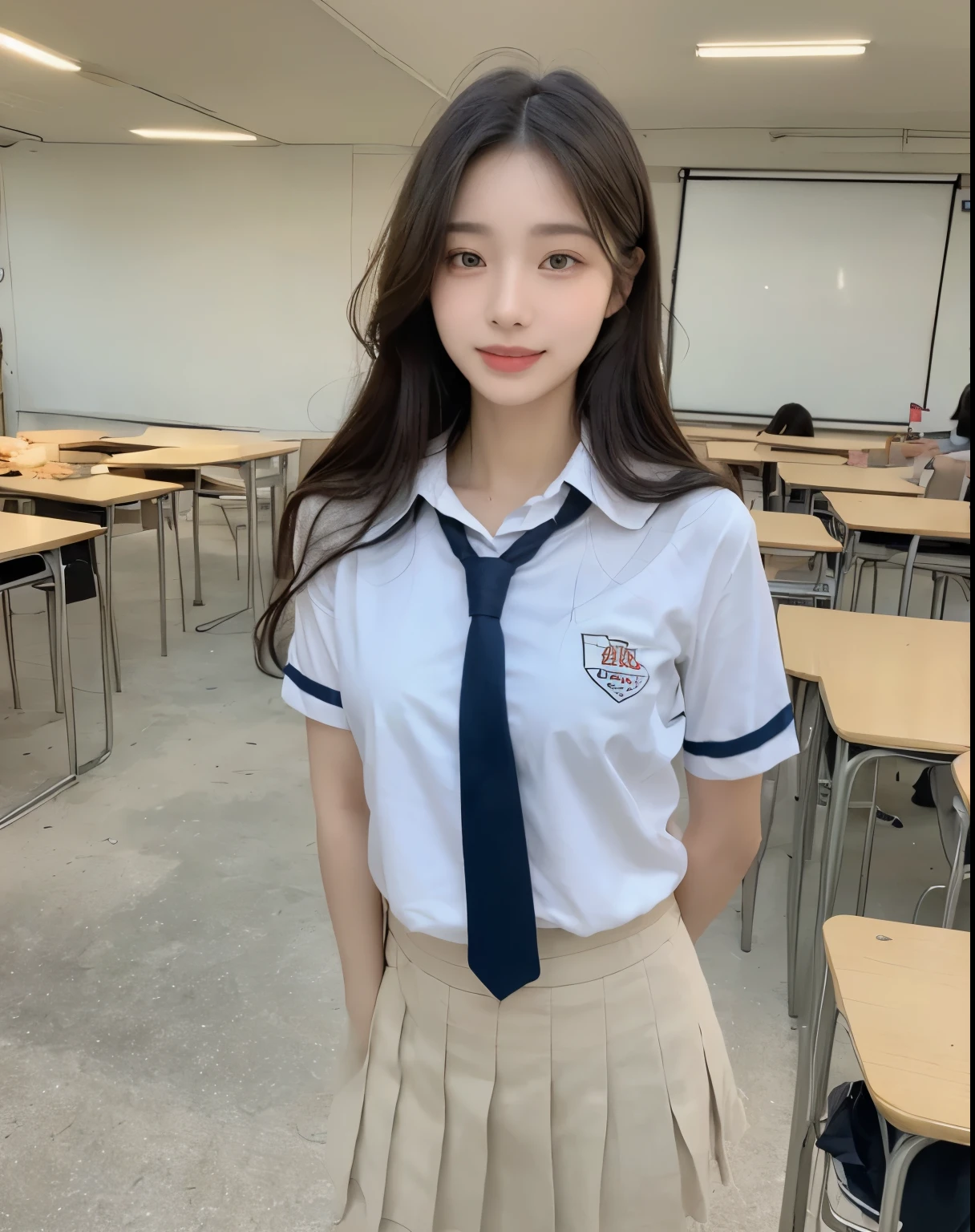 (((Best Quality, 8K, Masterpiece: 1.3,)), high-definition facial features, delicate facial feature, 1girl, Slim Abs Beauty: 1.3, ((long hair, natural hair)), (((wearing sexy school uniform))) fine Face, (((Delicate Eyes))), Double Eyelids, Smile, looking at the viewer, (full body 1.5), (((class room))), ((((natural background)))), (standing), window, whiteboard