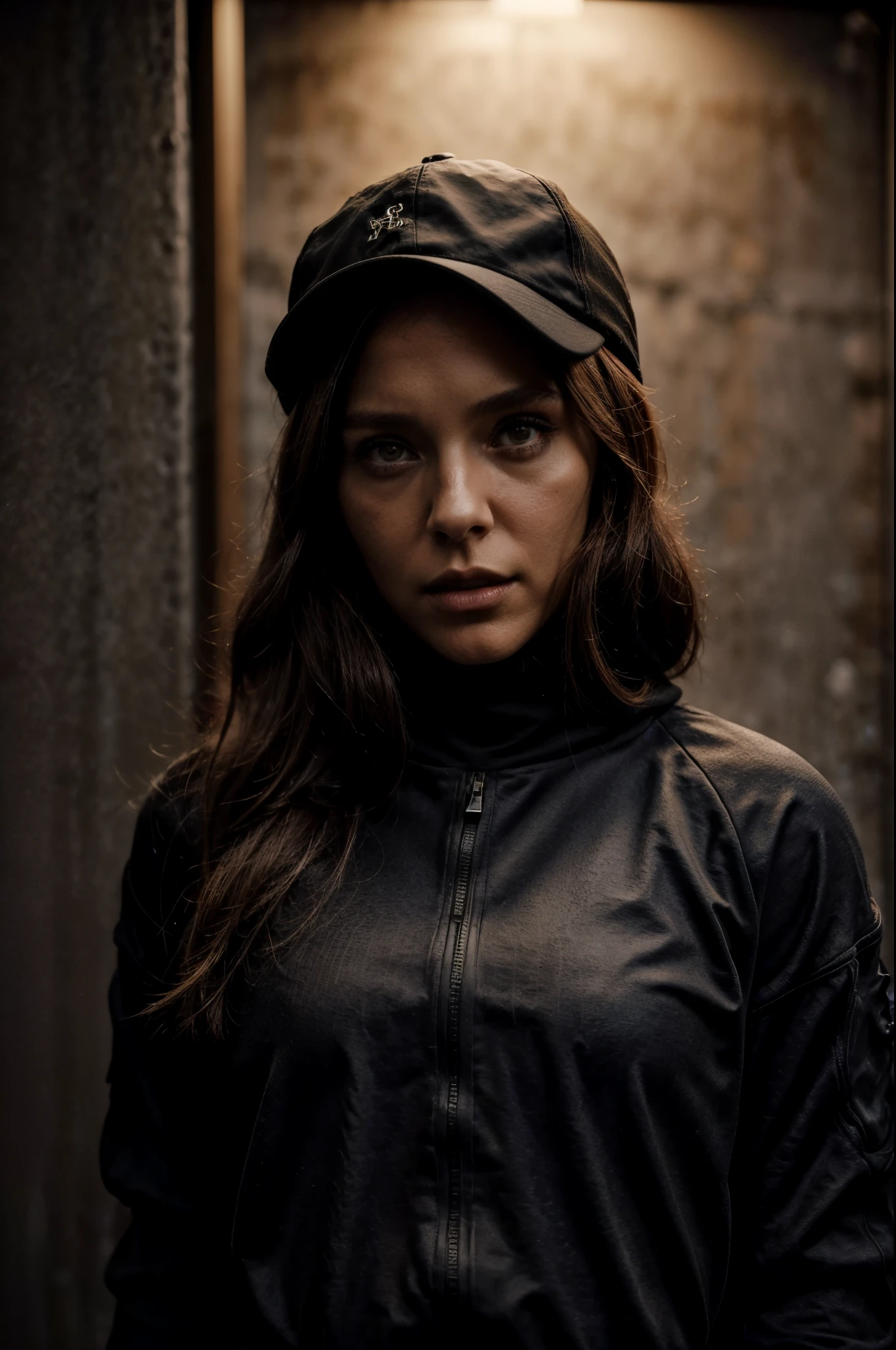 1female, hazel eyes, black baseball cap, black turtleneck dress, brown outer jacket, half body portrait, portrait photography, studio lighting, fashion trend, fashion inspired, fashion photoshoot, high detail, photorealistic, simple, daily wear, plain white background, elegant