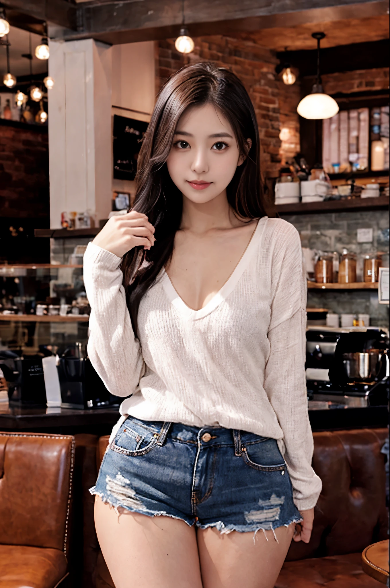 lady, posing seductively to viewer, solo:1, pov, beautiful thick thighs,
Cafe background, long hair, 3/4 body, V neck mini hot shorts
