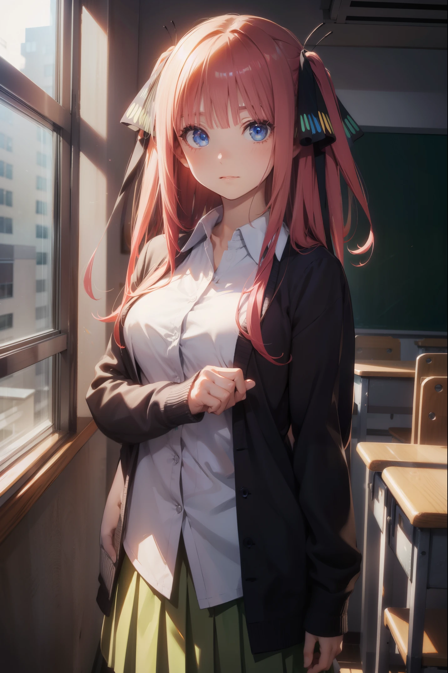 ninonakano, nino nakano, long hair, bangs, blue eyes, hair ornament, hair ribbon, pink hair, blunt bangs, two side up, butterfly hair ornament,
BREAK skirt, shirt, long sleeves, white shirt, pleated skirt, open clothes, collared shirt, sleeves past wrists, dress shirt, cardigan, green skirt, open cardigan, black cardigan,,
BREAK indoors, classroom, school,
BREAK looking at viewer, BREAK (masterpiece:1.2), best quality, high resolution, unity 8k wallpaper, (illustration:0.8), (beautiful detailed eyes:1.6), extremely detailed face, perfect lighting, extremely detailed CG, (perfect hands, perfect anatomy),