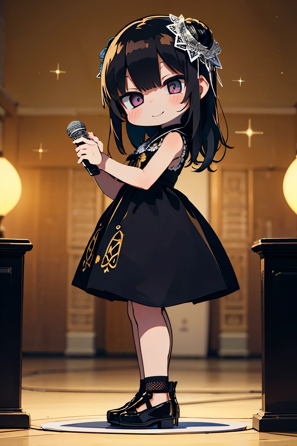 Monochrome Art:1.1)、 (Dynamic Pose), (Abstract background:1.Lace one small doll onto a circular stand。、kawaii pose、A smile、A dark-haired、Chibi Doll、Stars in the eyes（kirakira）、Singing with microphone in hand、Eye Up、Laugh、Cute shoes、Ultra Detail, radiant light、bio luminescent、Stronger bokeh effect、Taken from the side