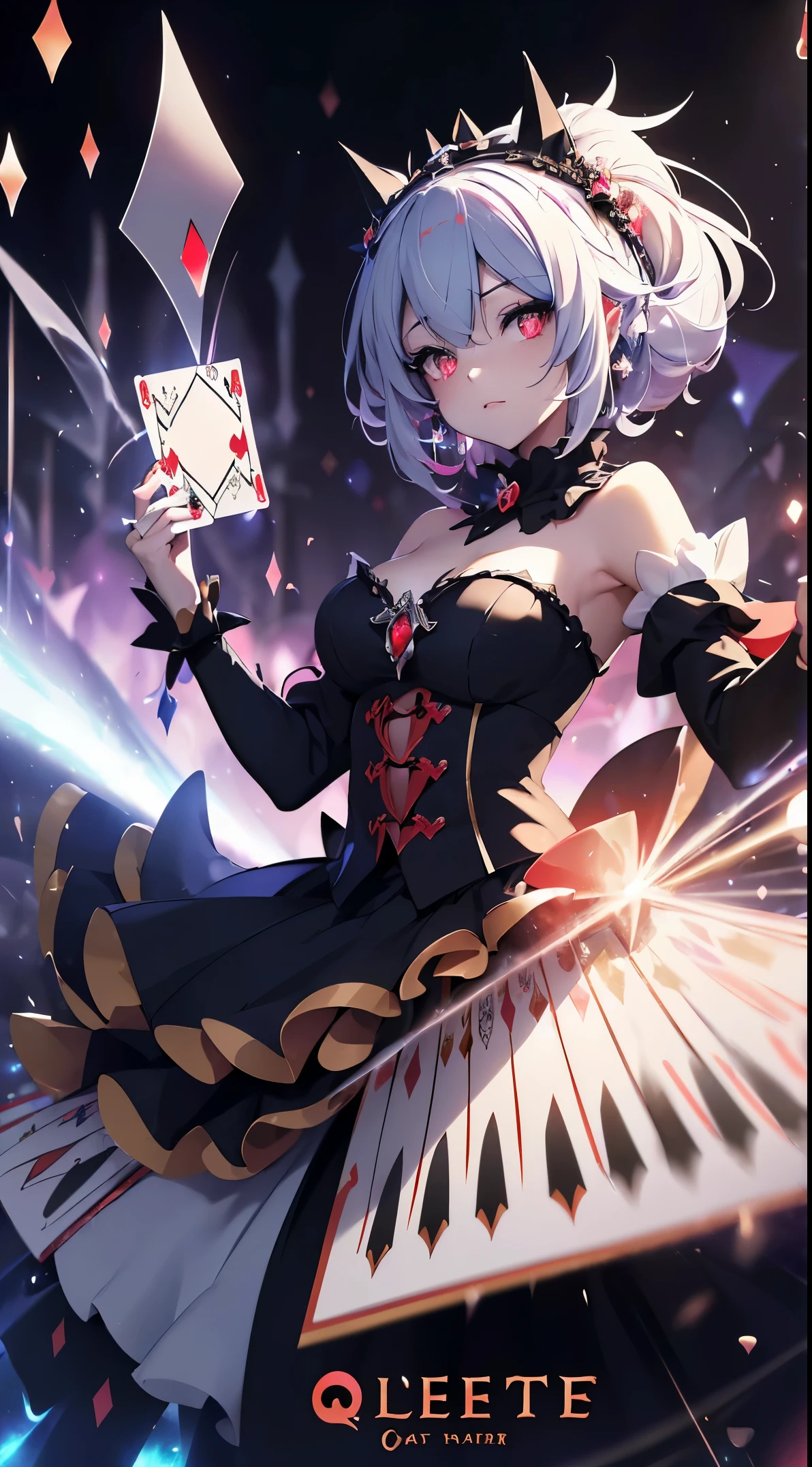 beautiful queen jester, Mixture black and white hair, Eye pupils in the shape of love, jester dress, jester crown, card magic aura around her, clover and love card particles are red, red aura like water, HD lighting and dark )<=(epic image quality)dark atmosphere with bright particle light(many effects in background,((( Thousands of cards in the background.)))