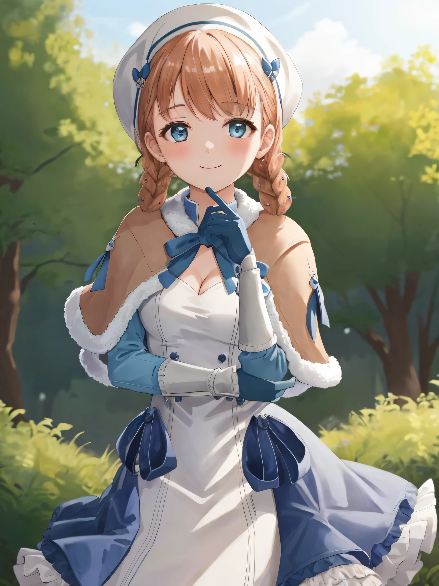 annette_hopes, 1girl, solo, breasts, looking at viewer, blush, smile, bangs, gloves, dress, ribbon, cleavage, small breasts, closed mouth, upper body, braid, blue gloves, white dress, twin braids, official alternate costume, fur trim, capelet, official alternate hairstyle