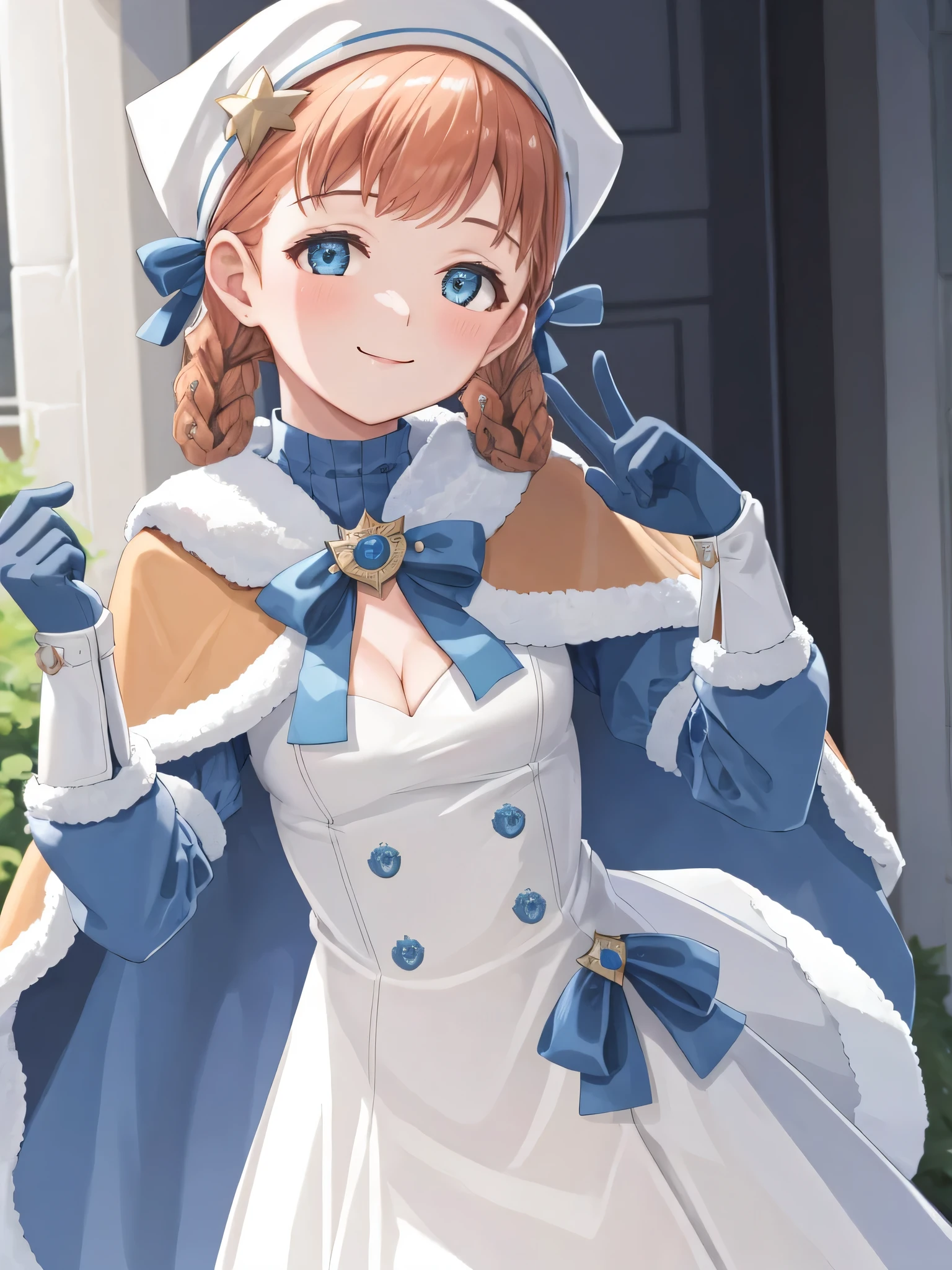 annette_hopes, 1girl, solo, breasts, looking at viewer, blush, smile, bangs, gloves, dress, ribbon, cleavage, small breasts, closed mouth, upper body, braid, blue gloves, white dress, twin braids, official alternate costume, fur trim, capelet, official alternate hairstyle
