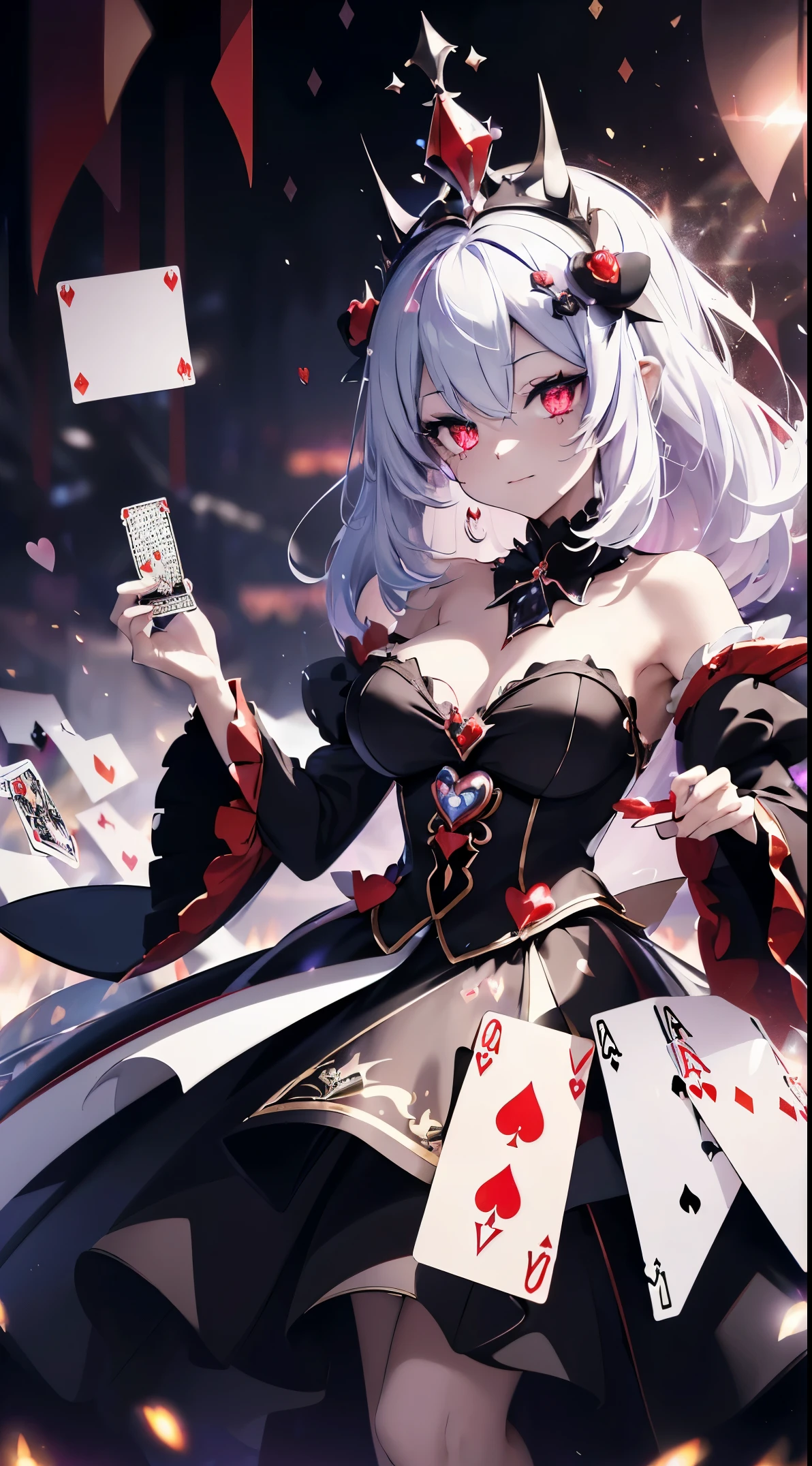 Monochrome background and magical reality style, Trump leans towards the camera. (The clown character on the card protrudes from the front of the card., Laughing savagely,  Exaggerated camera performance, Feelings of oppression, Surrounded by many playing cards fluttering in the wind, Black and Red, Mixed style,