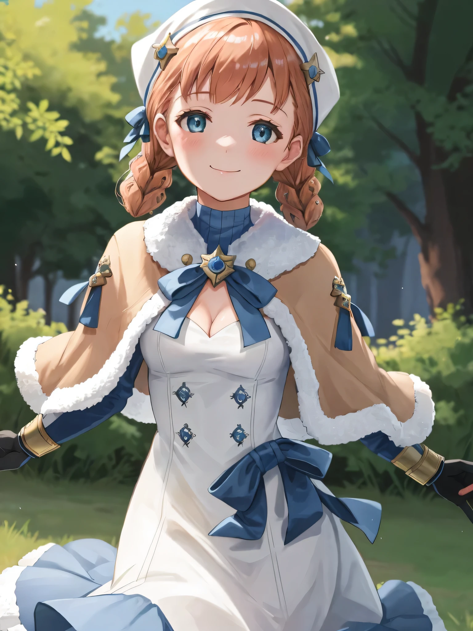 annette_hopes, 1girl, solo, breasts, looking at viewer, blush, smile, bangs, gloves, dress, ribbon, cleavage, small breasts, closed mouth, upper body, braid, blue gloves, white dress, twin braids, official alternate costume, fur trim, capelet, official alternate hairstyle