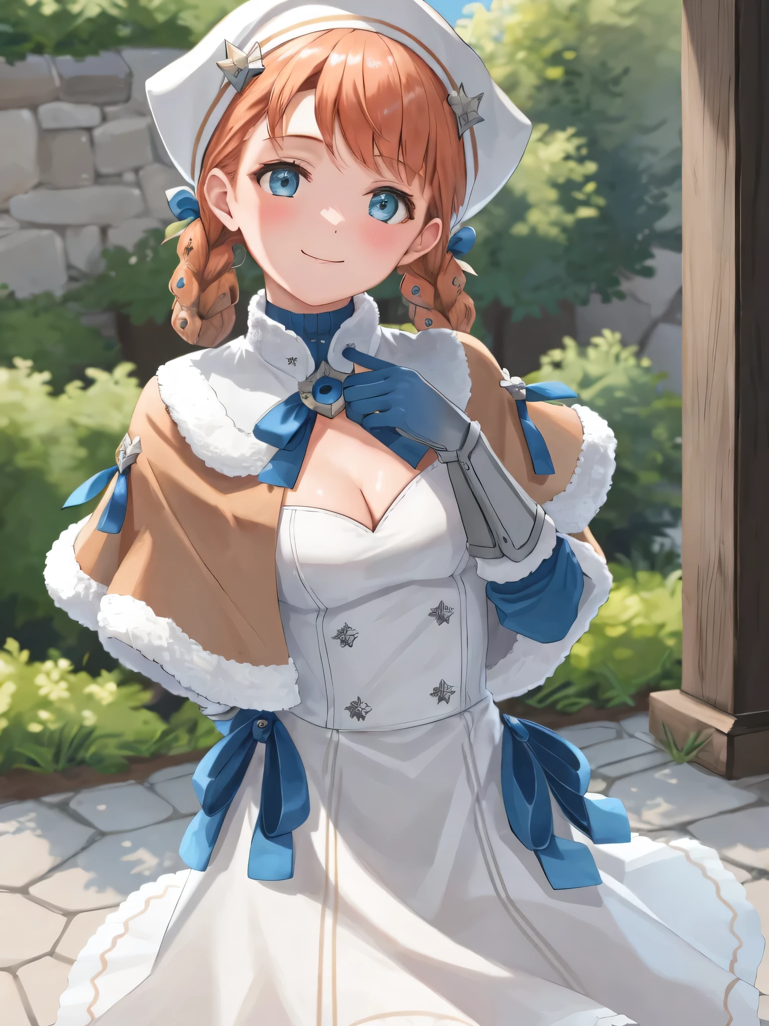 annette_hopes, 1girl, solo, breasts, looking at viewer, blush, smile, bangs, gloves, dress, ribbon, cleavage, small breasts, closed mouth, upper body, braid, blue gloves, white dress, twin braids, official alternate costume, fur trim, capelet, clenched hands, official alternate hairstyle