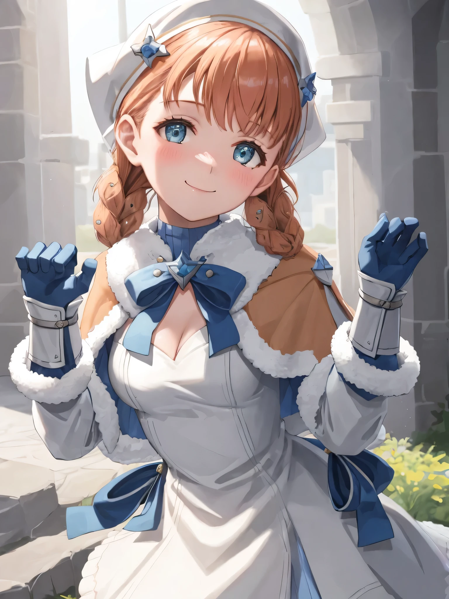 annette_hopes, 1girl, solo, breasts, looking at viewer, blush, smile, bangs, gloves, dress, ribbon, cleavage, small breasts, closed mouth, upper body, braid, blue gloves, white dress, twin braids, official alternate costume, fur trim, capelet, clenched hands, official alternate hairstyle