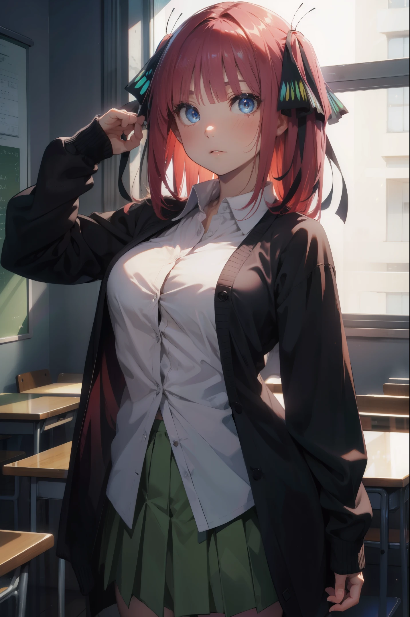 ninonakano, nino nakano, long hair, bangs, blue eyes, hair ornament, hair ribbon, pink hair, blunt bangs, two side up, butterfly hair ornament,
BREAK skirt, shirt, long sleeves, white shirt, pleated skirt, open clothes, collared shirt, sleeves past wrists, dress shirt, cardigan, green skirt, open cardigan, black cardigan,,
BREAK indoors, classroom, school,
BREAK looking at viewer, BREAK (masterpiece:1.2), best quality, high resolution, unity 8k wallpaper, (illustration:0.8), (beautiful detailed eyes:1.6), extremely detailed face, perfect lighting, extremely detailed CG, (perfect hands, perfect anatomy),