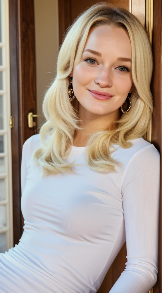 blond woman with long hair and earrings smiling at the camera, wearing a long sleeve white shirt and pink leggings, this person does not exist, perfect human female specimen, sophie turner-dove cameron-marion cotillard-winona ryder-phoebr dynevor-elisabeth moss-crystal reed-sophia myles-olivia cooke-dakota johnson-lily james-leighton meester merged, inside of her living room,
