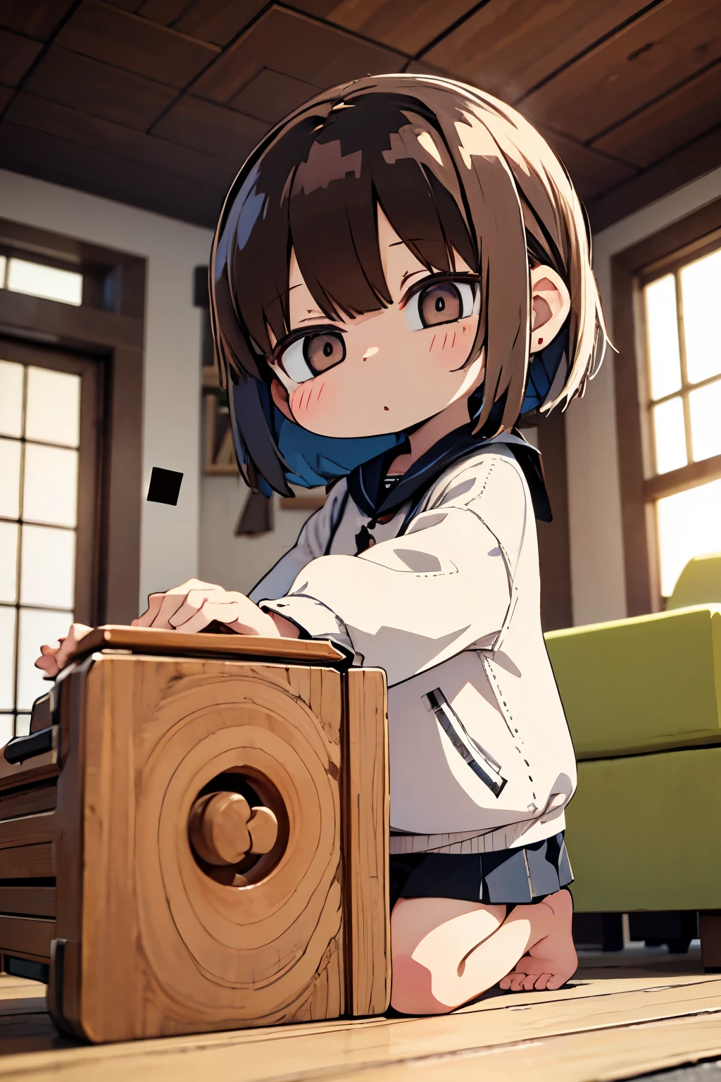 a five years girl、Yawning face、short non-binary person, wavy brown eyes and hair、play by placing blocks on the floor、 Modern living room background with fireplace