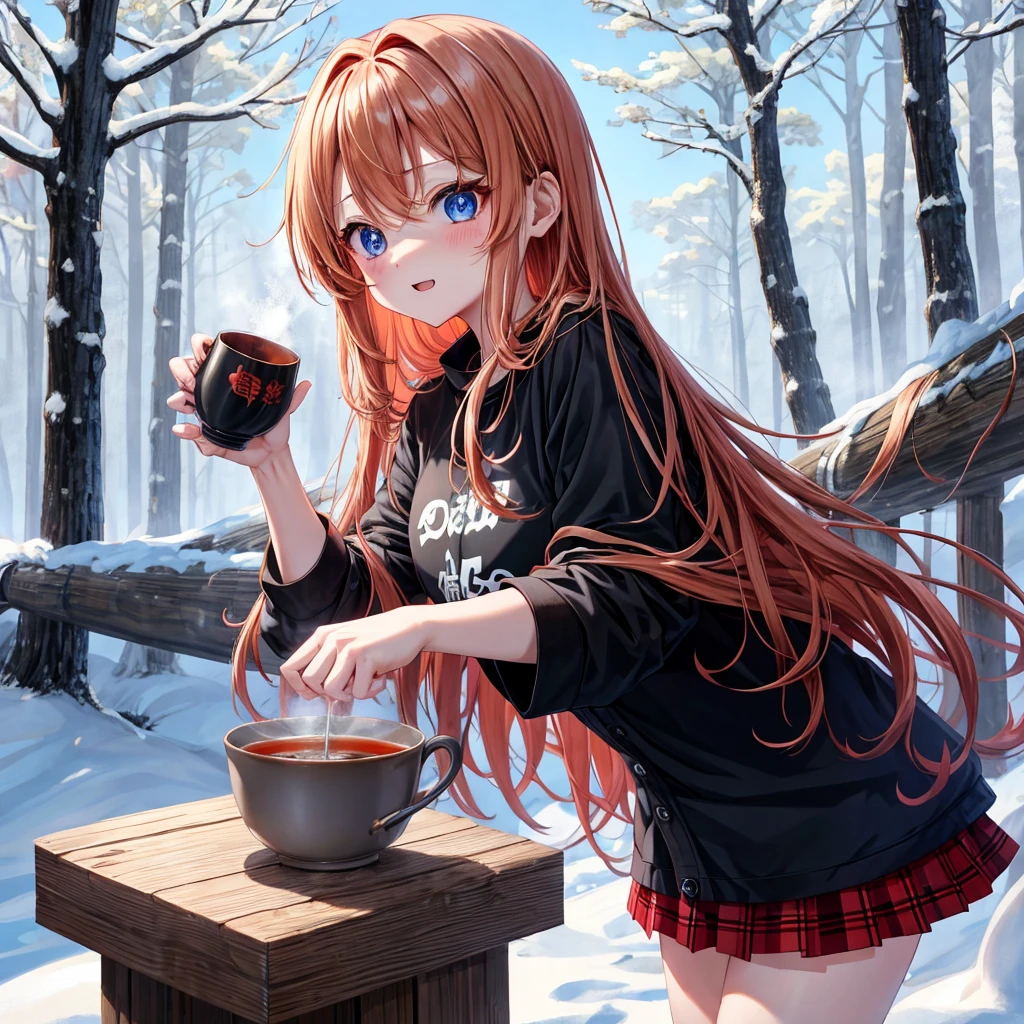 red blonde、blue eyess、one good looking girl、独奏、animesque、Plaid miniskirt、Black T-shirt、coat、the woods、Sunlight、Looks cold、Snow is piled up、drinking steaming tea