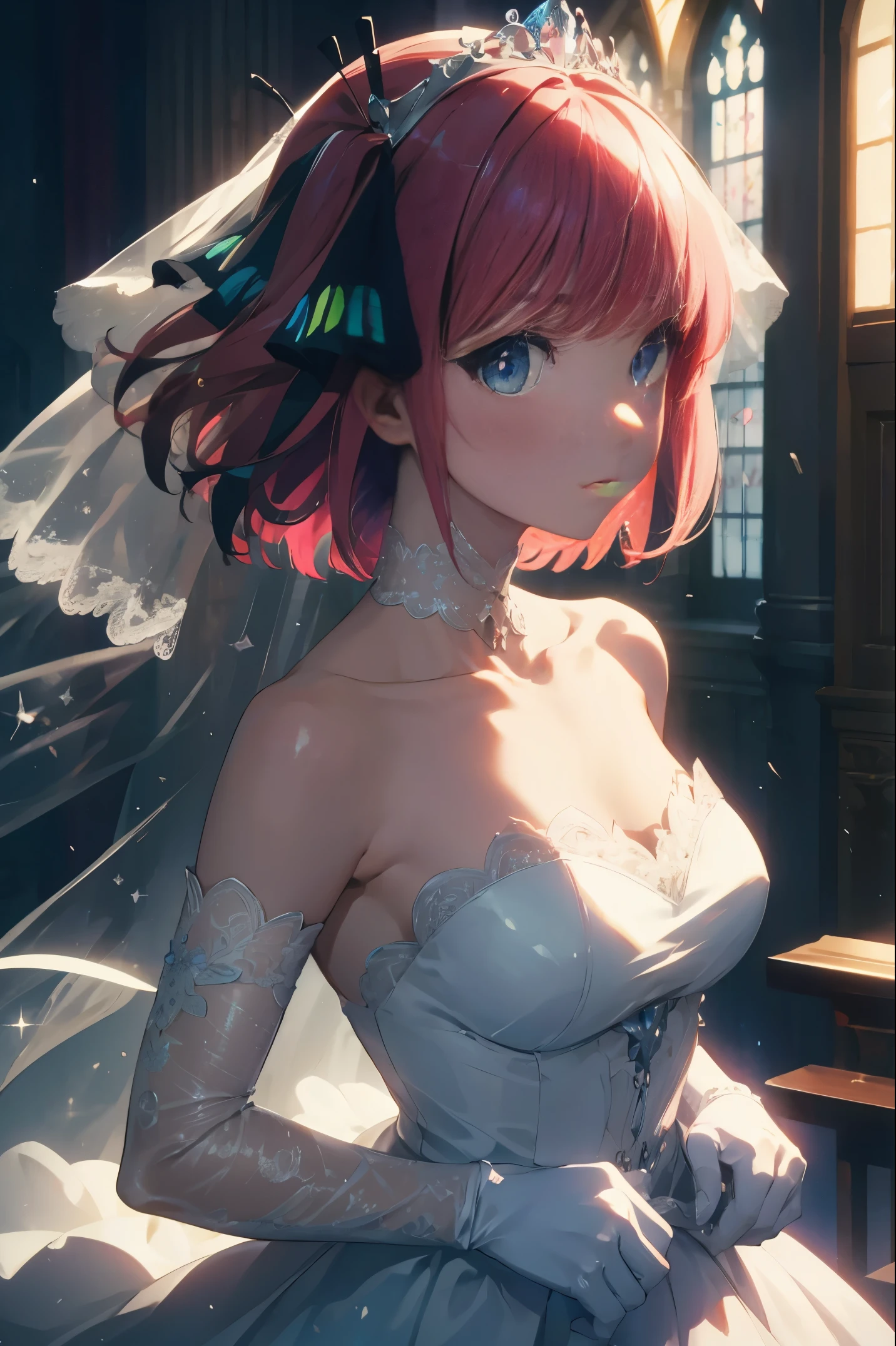 ninonakano, nino nakano, short hair, bangs, blue eyes, hair ornament, hair ribbon, pink hair, blunt bangs, two side up, butterfly hair ornament,
BREAK gloves, dress, cleavage, bare shoulders, collarbone, elbow gloves, white gloves, white dress, strapless, tiara, veil, strapless dress, wedding dress, bridal veil,
BREAK indoors, church,
BREAK looking at viewer, BREAK (masterpiece:1.2), best quality, high resolution, unity 8k wallpaper, (illustration:0.8), (beautiful detailed eyes:1.6), extremely detailed face, perfect lighting, extremely detailed CG, (perfect hands, perfect anatomy),