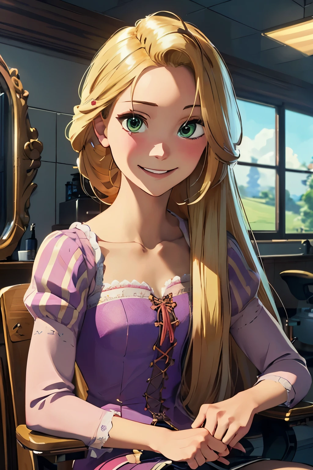 (masutepiece:1.2), (Best Quality), (ultra-detailliert), (8K, 4K, Convoluted),(Half body:1.2),(Highly detailed:1.2),(Detailed face:1.2), (Detailed background),(Portrait),Detailed landscapes,((Cut Rapunzels hair:1.5)),Rapunzel,1girl in+mans hand, Solo,From the front,sit on the chair in front, Long hair,((open forehead)), Smile, Blonde hair, Very long hair:2.0, Green eyes, Inside the barbershop,