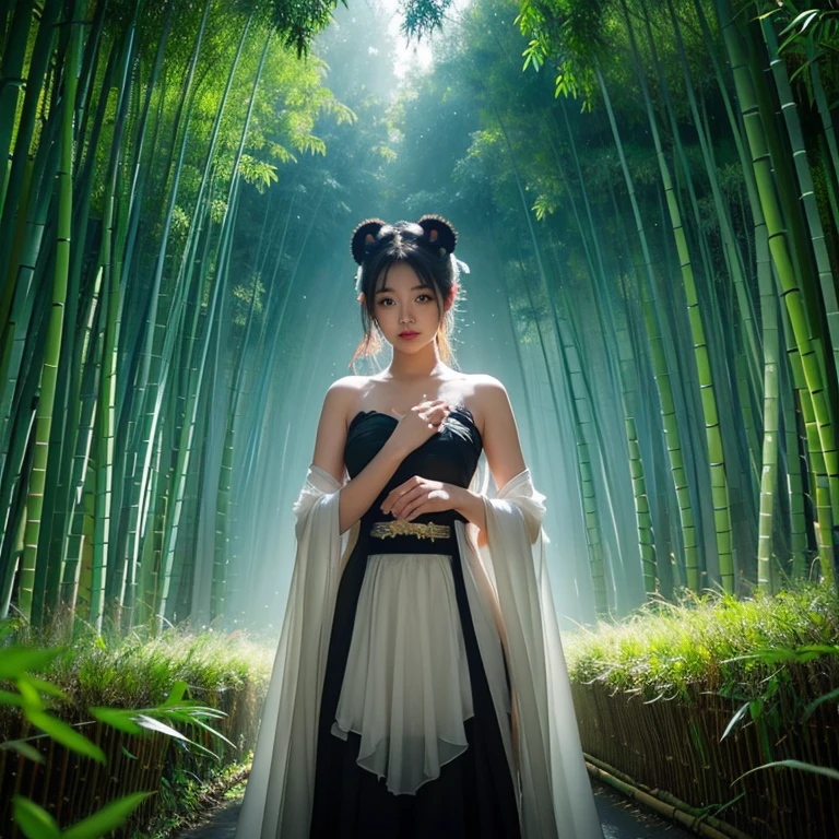 funny panda/拥有憨厚adolable眼睛的女性人类混血灵魂, EtherealBeauty, and mysterious atmosphere. Delicate and transparent fur,adolable,Holding bamboo shoots,Hierarchical mode,many color,bamboo forrest. Charming forest background and mesmerizing lights, Evoking a sense of otherworldly magic.+"
